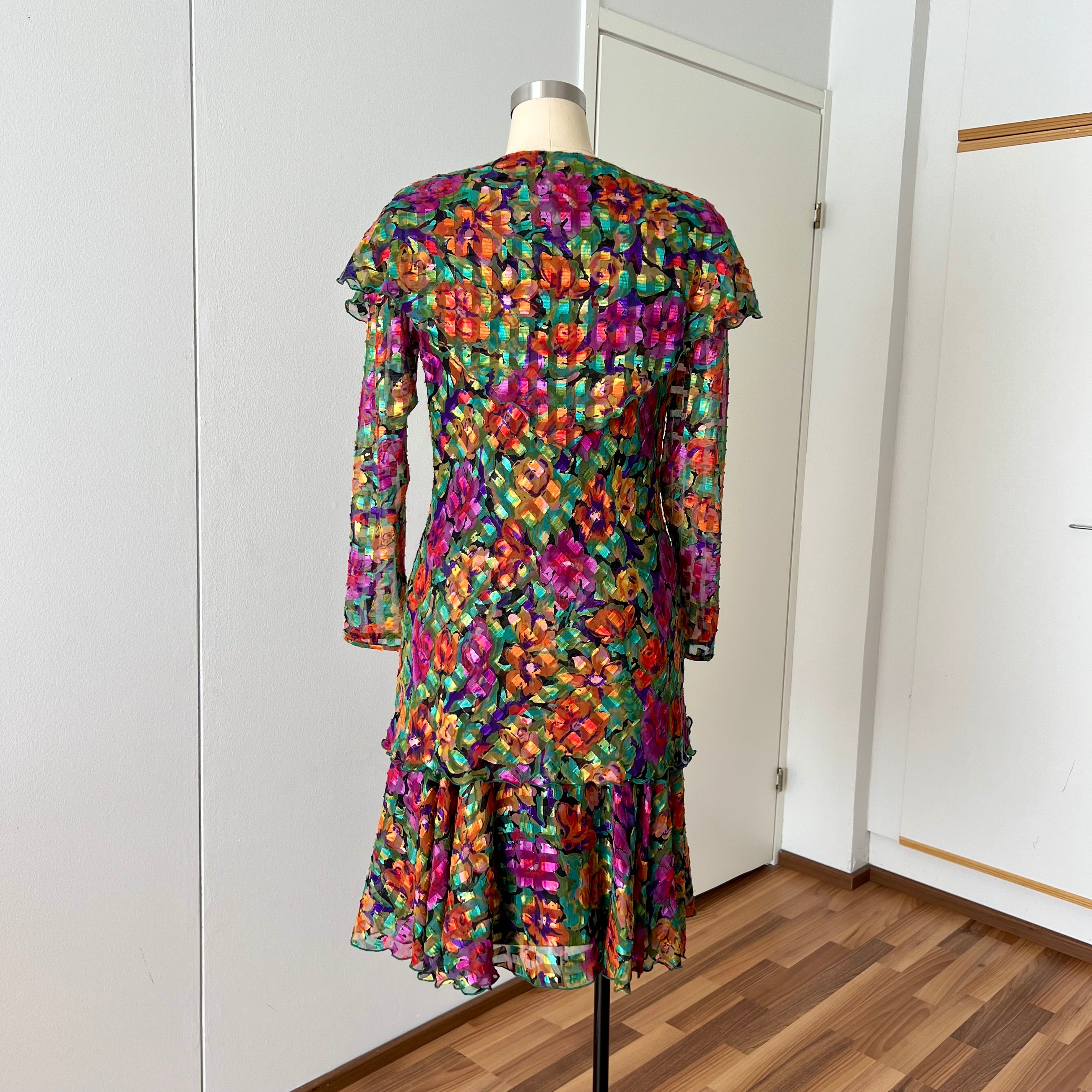 1980s Metallic Floral Drop Waist Dress-Long Sleeves Boho Midi Cocktail Party Dress