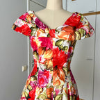 1980s Floral Rockabilly Cotton Dress-Off Shoulder Portrait Fit and Flare Swing Dress-80s Does 50s
