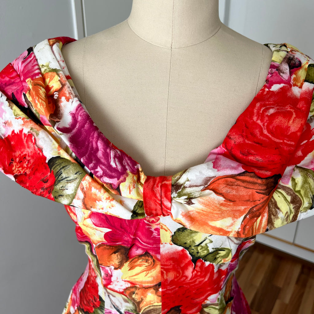 1980s Floral Rockabilly Cotton Dress-Off Shoulder Portrait Fit and Flare Swing Dress-80s Does 50s