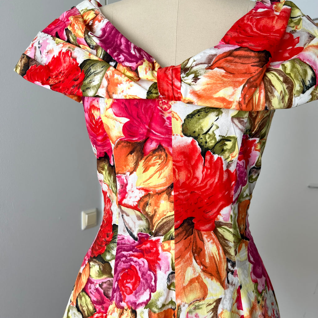 1980s Floral Rockabilly Cotton Dress-Off Shoulder Portrait Fit and Flare Swing Dress-80s Does 50s