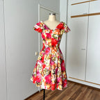 1980s Floral Rockabilly Cotton Dress-Off Shoulder Portrait Fit and Flare Swing Dress-80s Does 50s