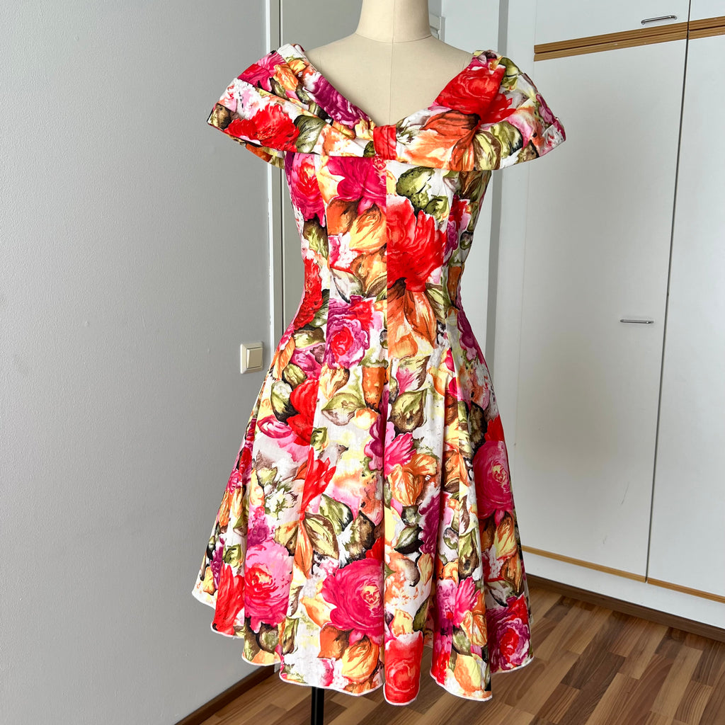 1980s Floral Rockabilly Cotton Dress-Off Shoulder Portrait Fit and Flare Swing Dress-80s Does 50s