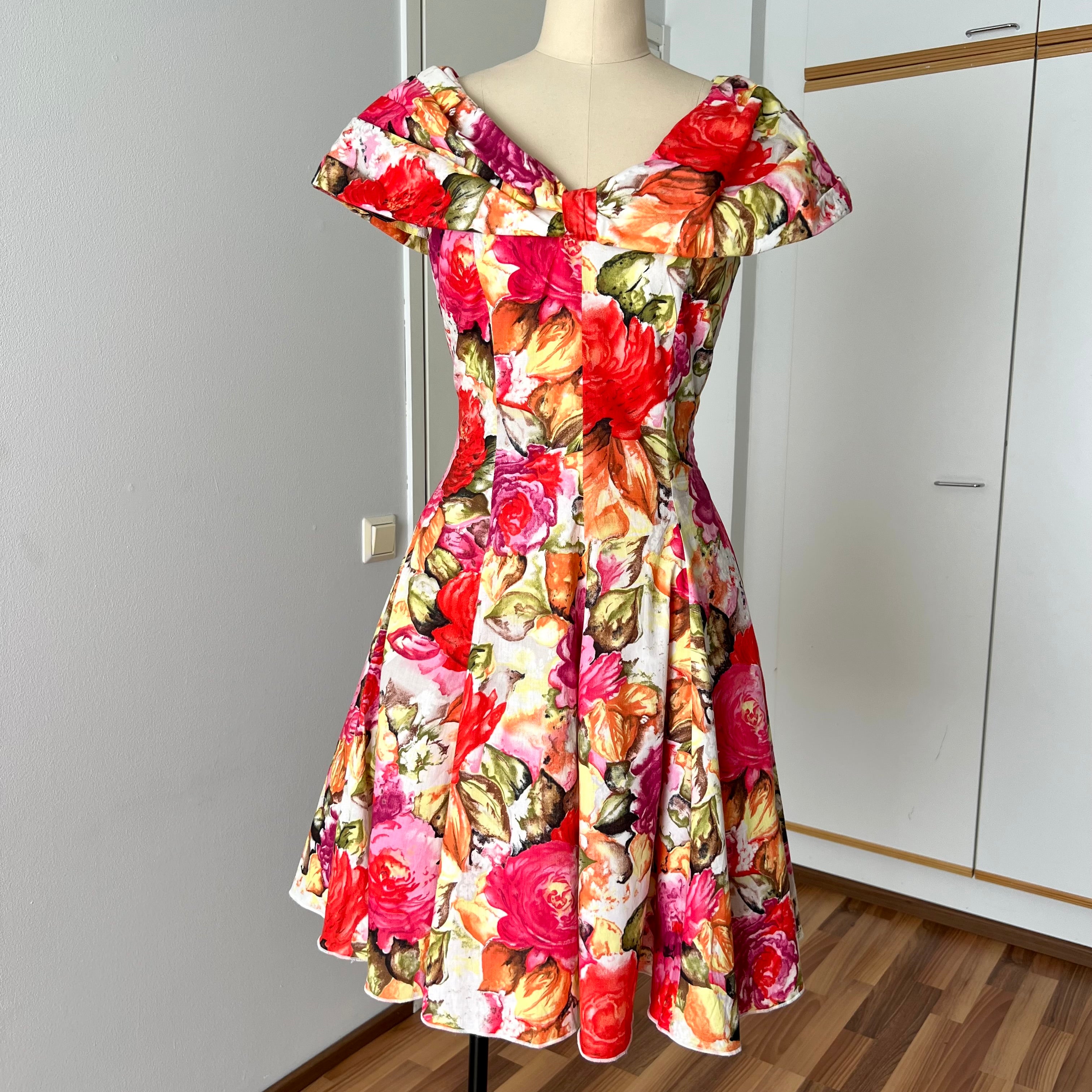 1980s Floral Rockabilly Cotton Dress-Off Shoulder Portrait Fit and Flare Swing Dress-80s Does 50s