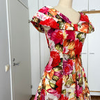 1980s Floral Rockabilly Cotton Dress-Off Shoulder Portrait Fit and Flare Swing Dress-80s Does 50s