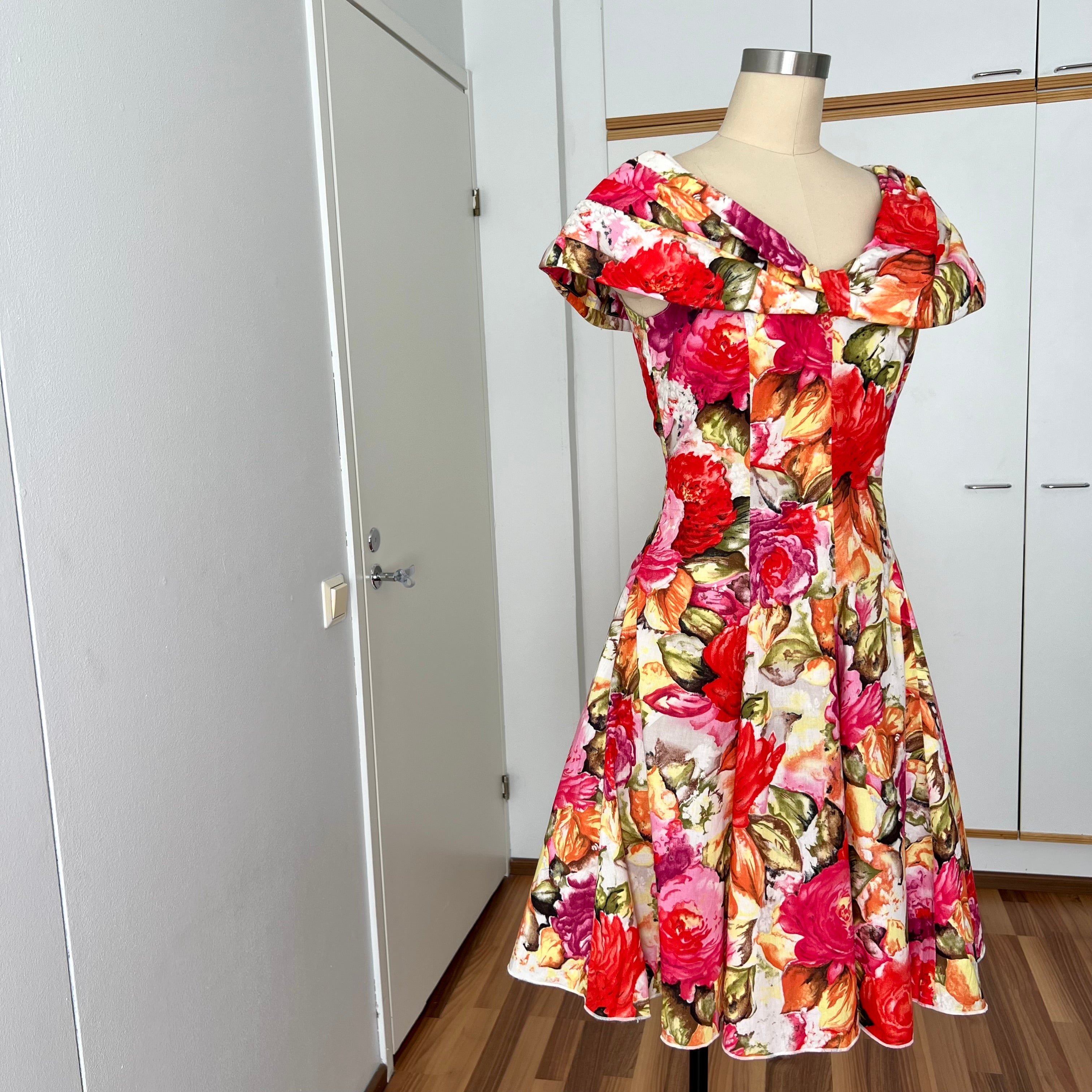 1980s Floral Rockabilly Cotton Dress-Off Shoulder Portrait Fit and Flare Swing Dress-80s Does 50s
