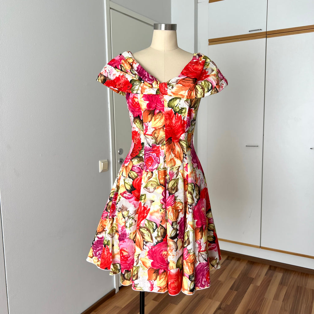 1980s Floral Rockabilly Cotton Dress-Off Shoulder Portrait Fit and Flare Swing Dress-80s Does 50s