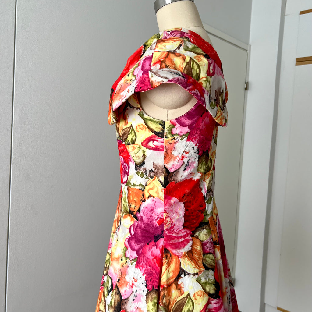 1980s Floral Rockabilly Cotton Dress-Off Shoulder Portrait Fit and Flare Swing Dress-80s Does 50s