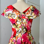 1980s Floral Rockabilly Cotton Dress-Off Shoulder Portrait Fit and Flare Swing Dress-80s Does 50s