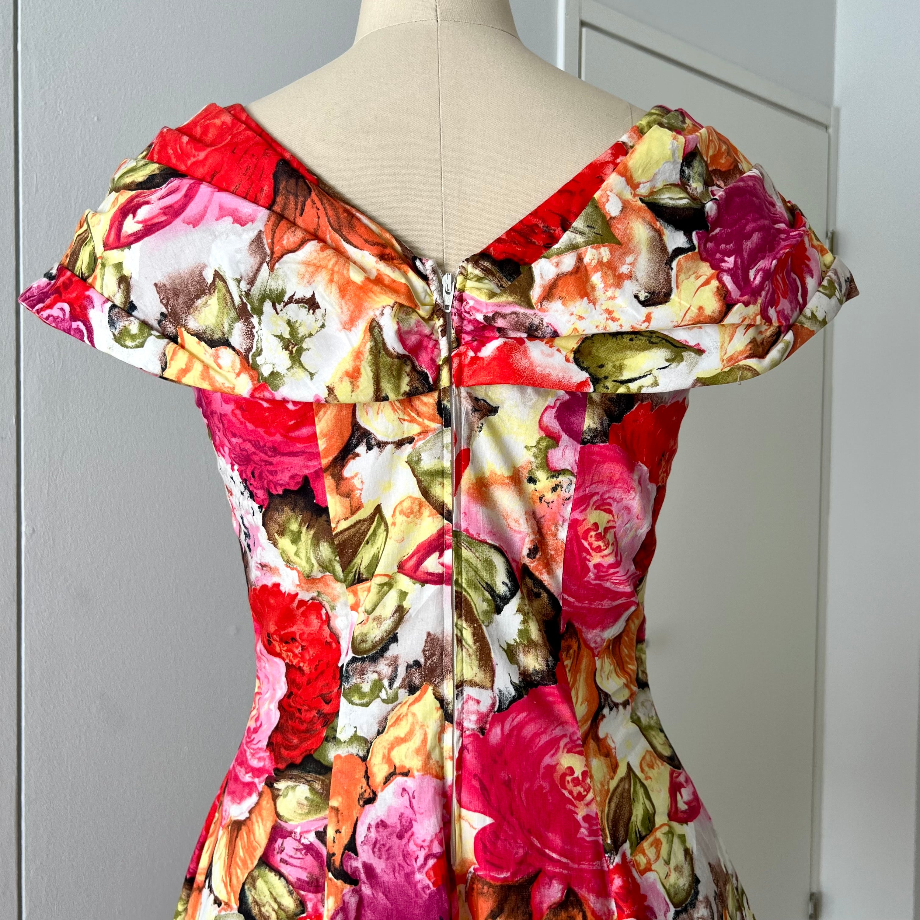 1980s Floral Rockabilly Cotton Dress-Off Shoulder Portrait Fit and Flare Swing Dress-80s Does 50s