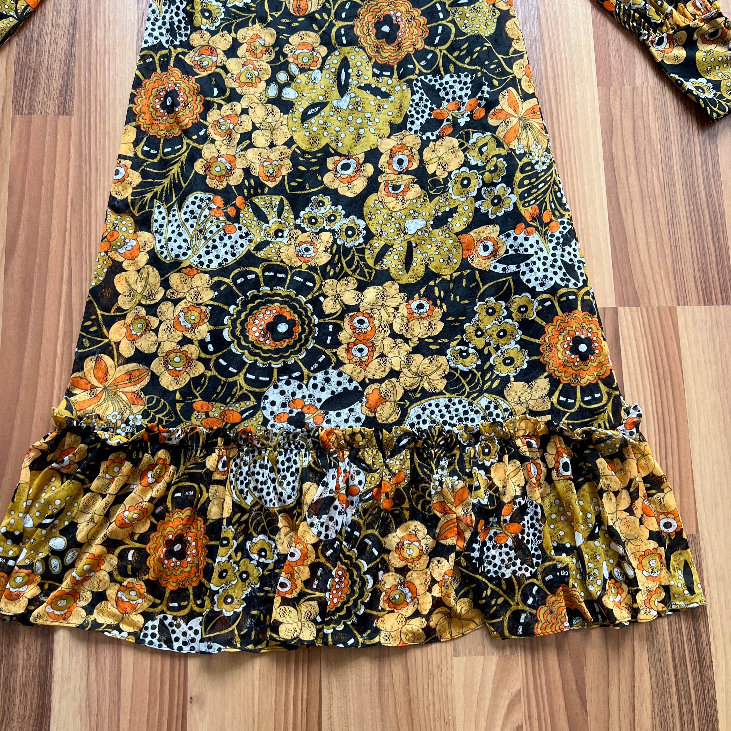 1970s Psychedelic Floral Midi Dress Long Sleeves Ruffle Hem Boho Festival Retro EU 36