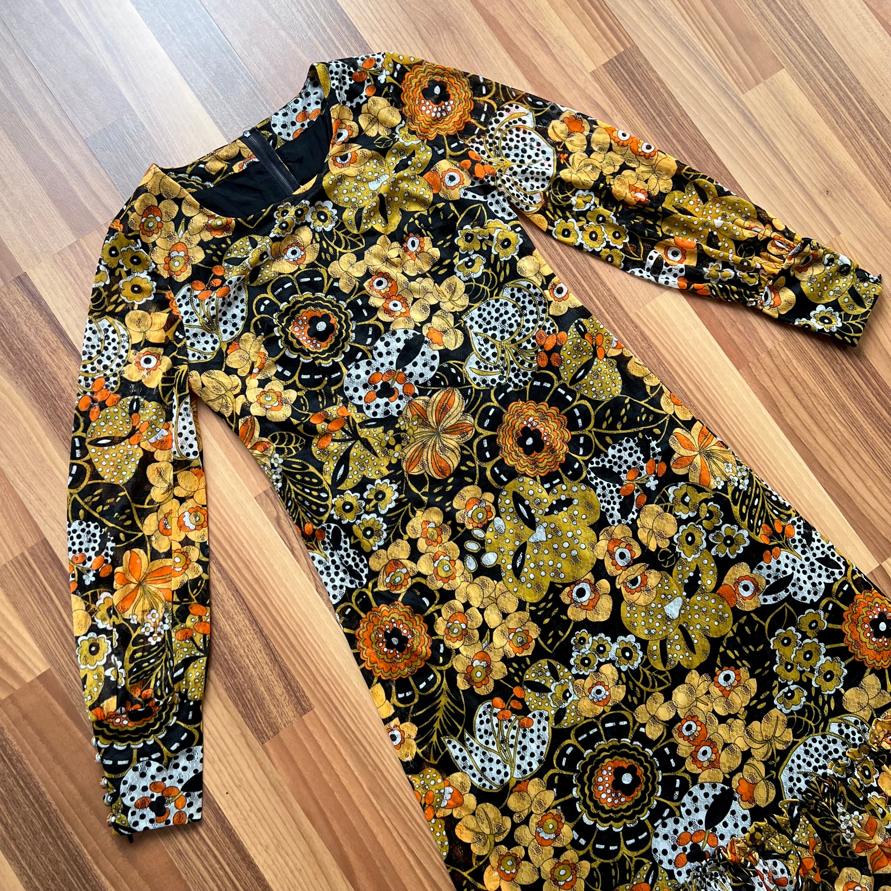 1970s Psychedelic Floral Midi Dress Long Sleeves Ruffle Hem Boho Festival Retro EU 36