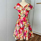 1980s Floral Rockabilly Cotton Dress-Off Shoulder Portrait Fit and Flare Swing Dress-80s Does 50s