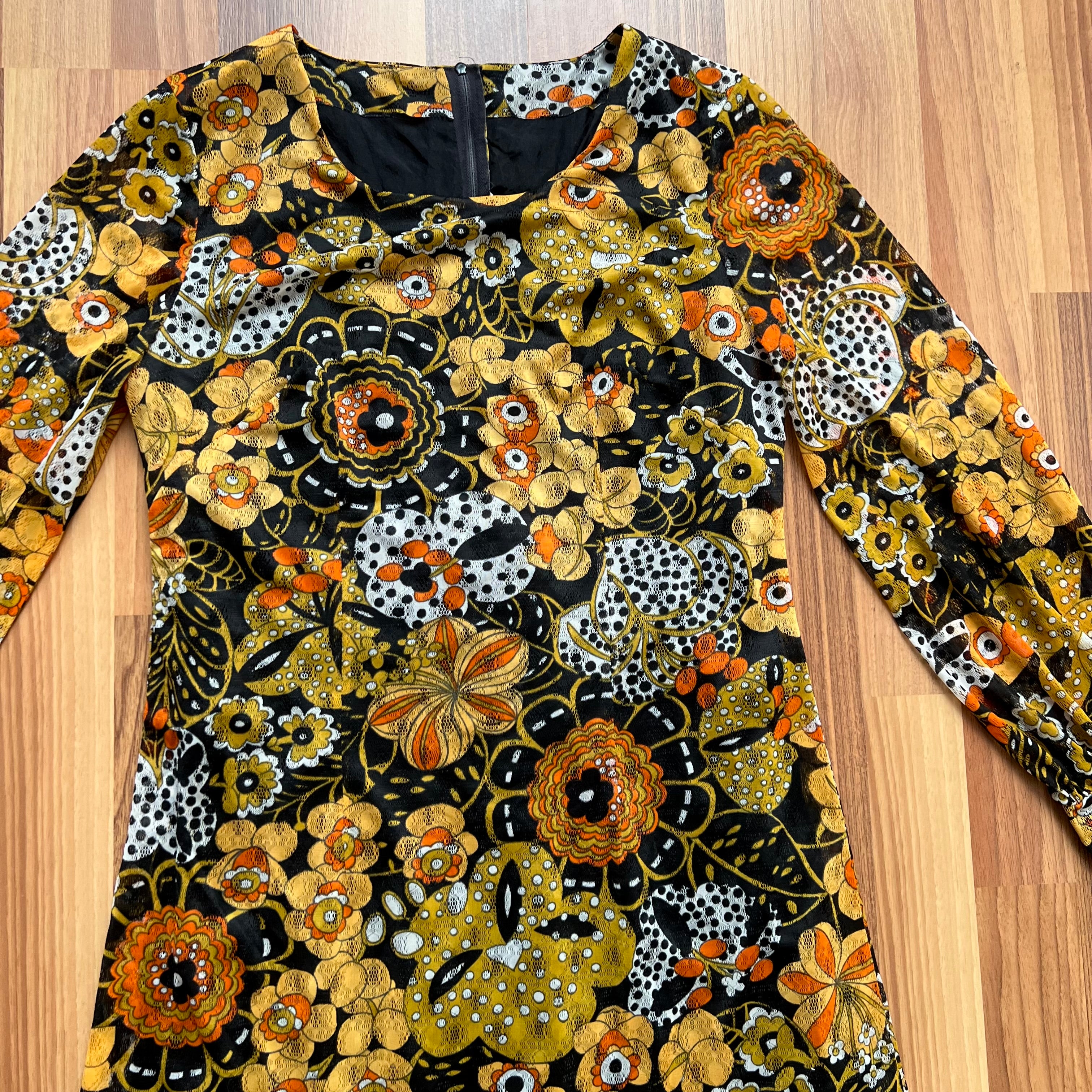 1970s Psychedelic Floral Midi Dress Long Sleeves Ruffle Hem Boho Festival Retro EU 36