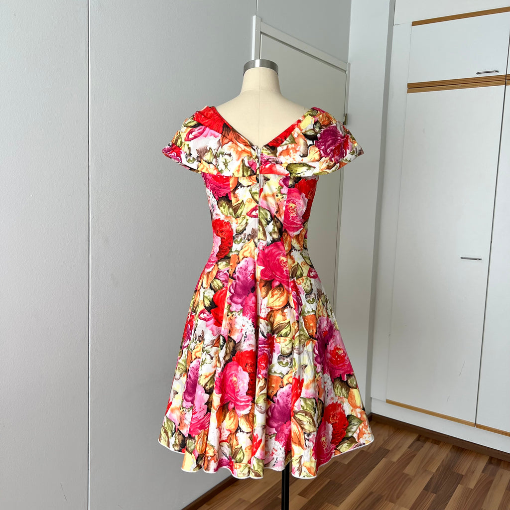 1980s Floral Rockabilly Cotton Dress-Off Shoulder Portrait Fit and Flare Swing Dress-80s Does 50s