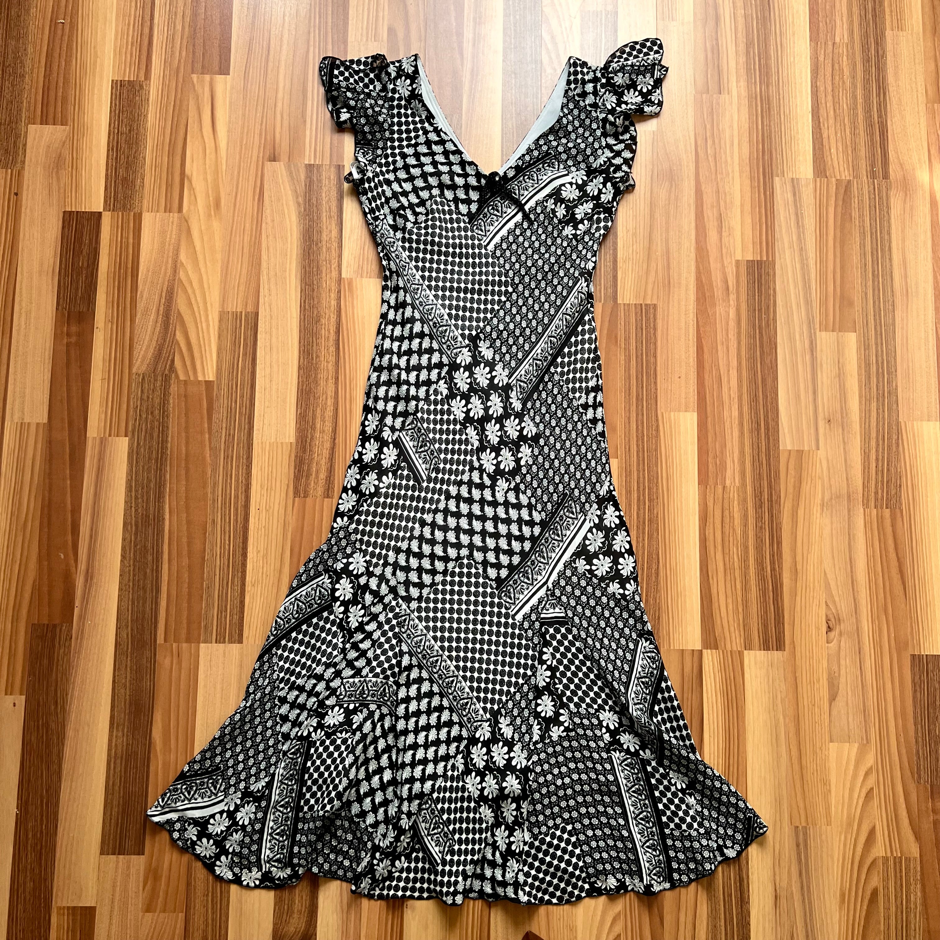 1990s Bias Cut Viscose Midi Dress-Y2K Flutter Sleeves V Neck Fairy Dress Whimsygoth EU 38
