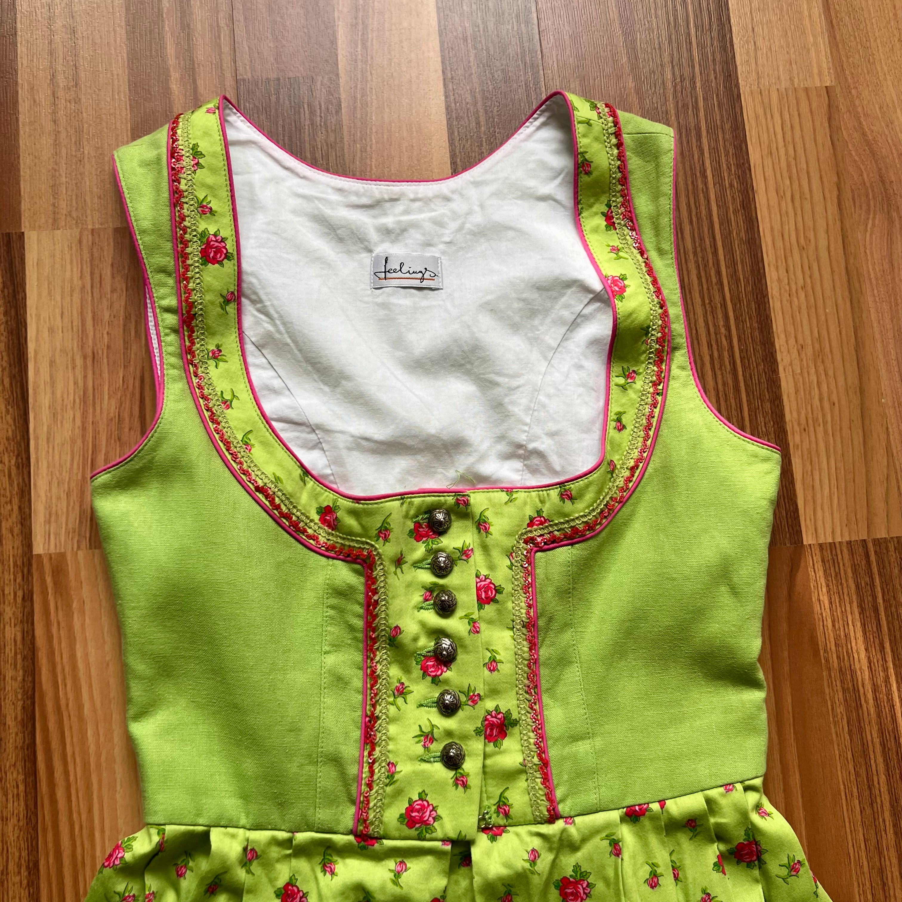 Vintage German Floral Cotton Dirndl-Green Oktoberfest Outfit-Bavarian Trachten Dress EU 36
