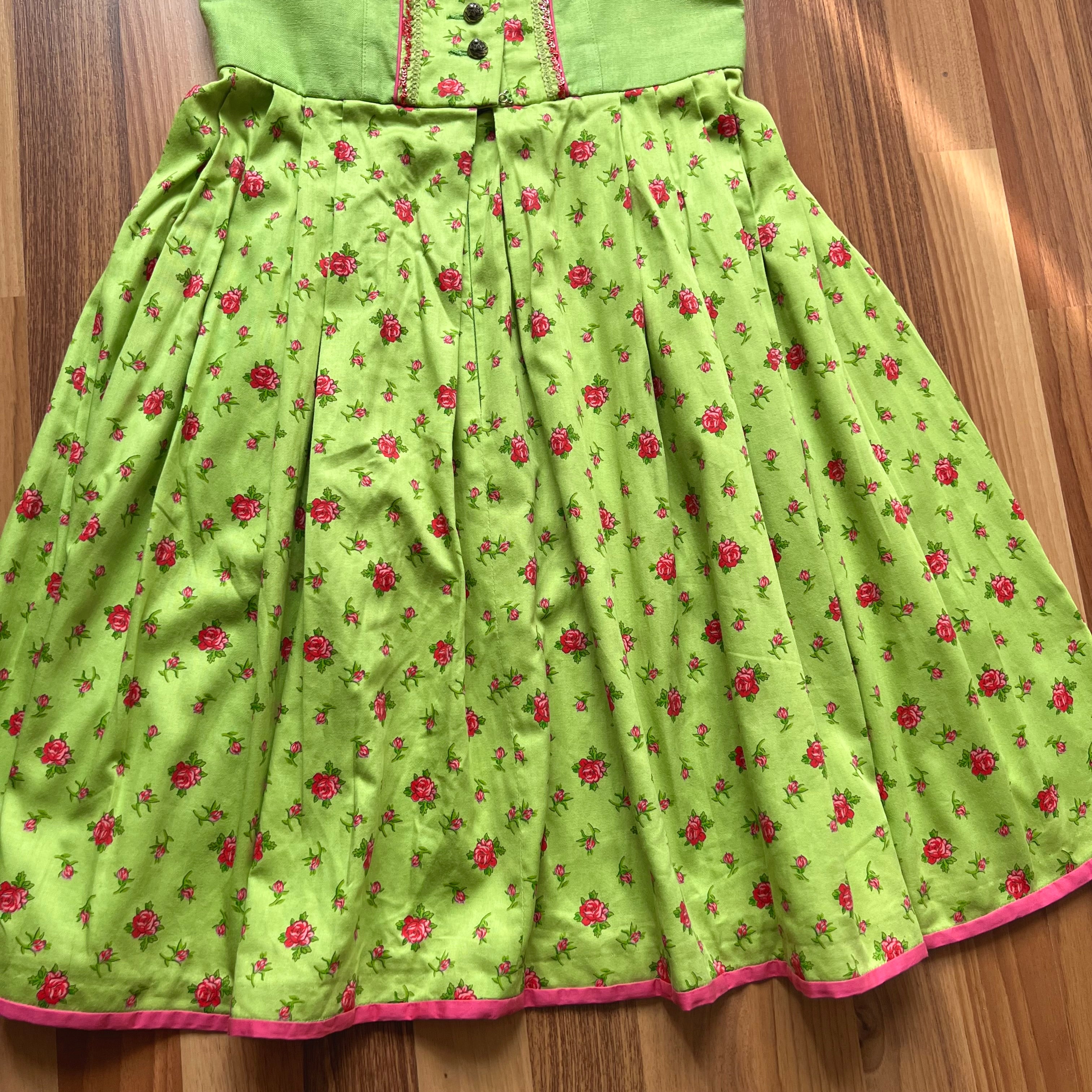 Vintage German Floral Cotton Dirndl-Green Oktoberfest Outfit-Bavarian Trachten Dress EU 36