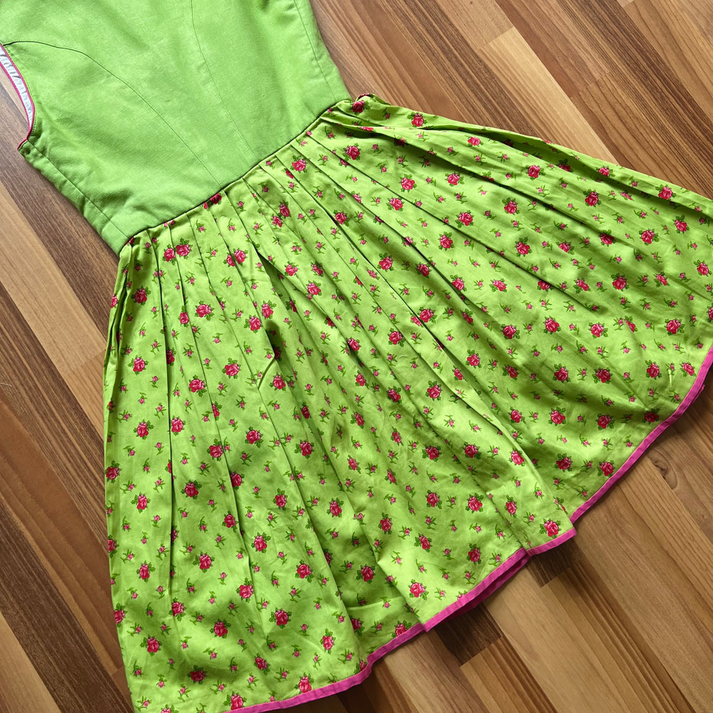 Vintage German Floral Cotton Dirndl-Green Oktoberfest Outfit-Bavarian Trachten Dress EU 36