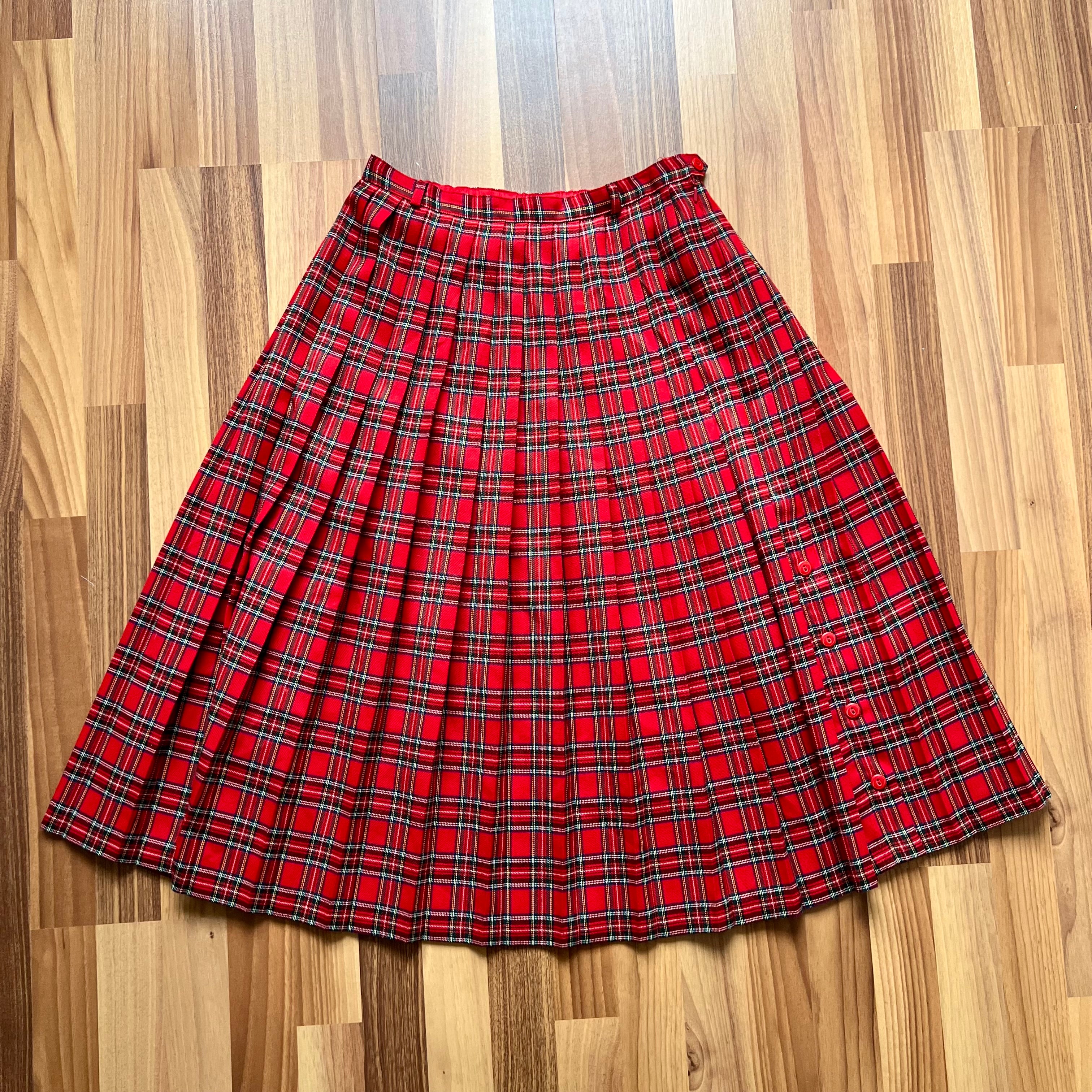 1980s Red Plaid Pleated Midi Skirt High Waist Tartan Kilt Skirt Dark Academia Midi Skirt