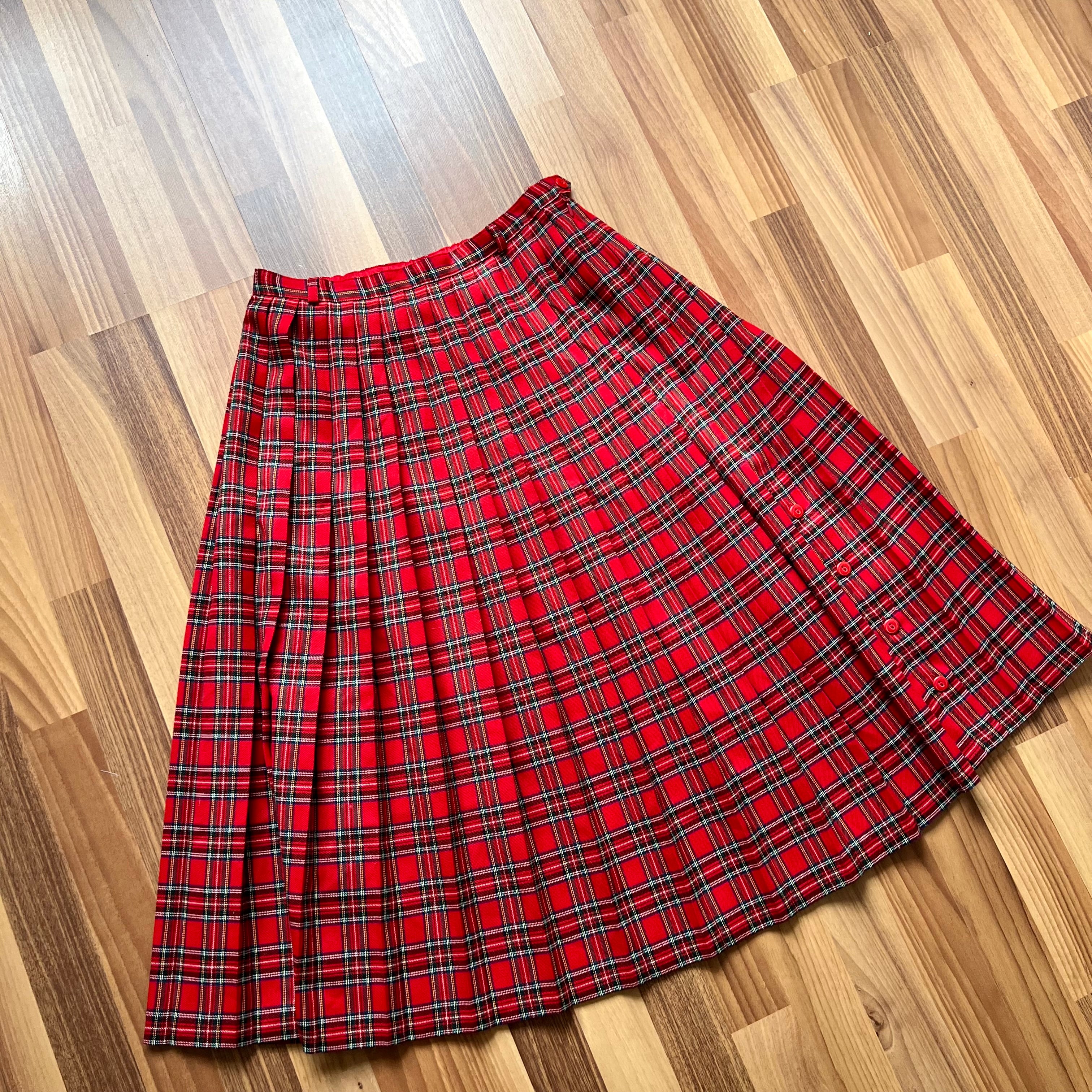 1980s Red Plaid Pleated Midi Skirt High Waist Tartan Kilt Skirt Dark Academia Midi Skirt