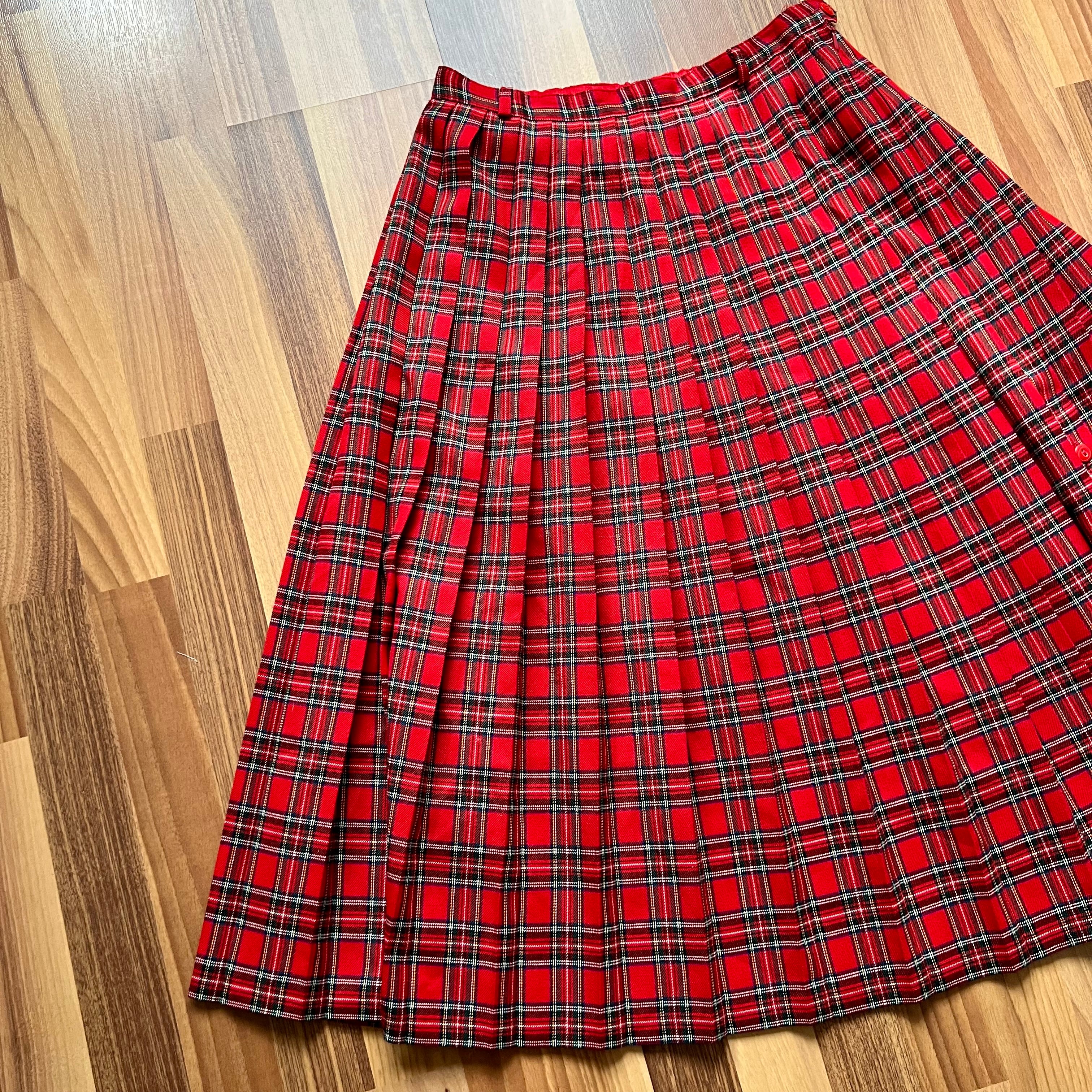 1980s Red Plaid Pleated Midi Skirt High Waist Tartan Kilt Skirt Dark Academia Midi Skirt