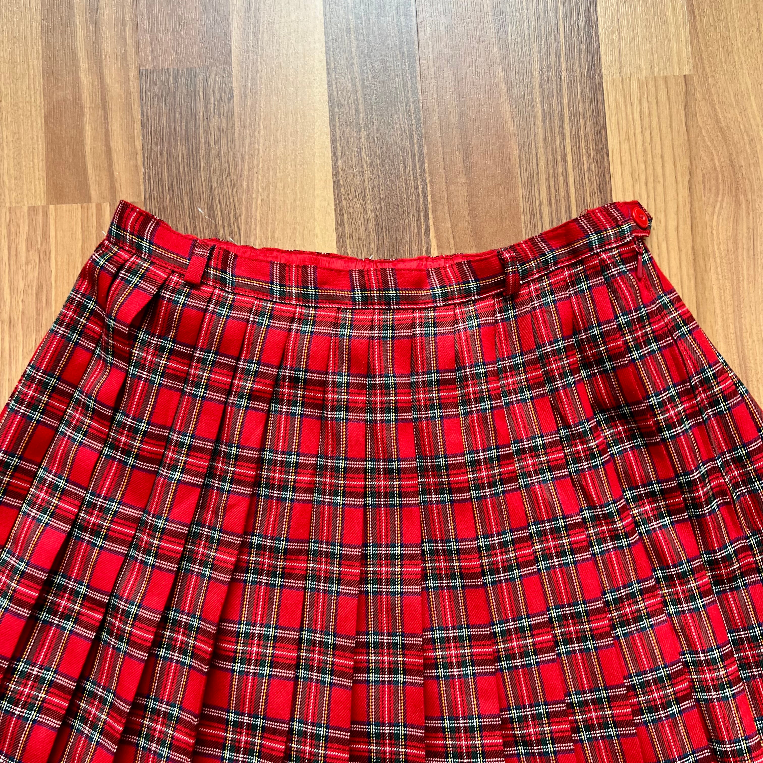 1980s Red Plaid Pleated Midi Skirt High Waist Tartan Kilt Skirt Dark Academia Midi Skirt