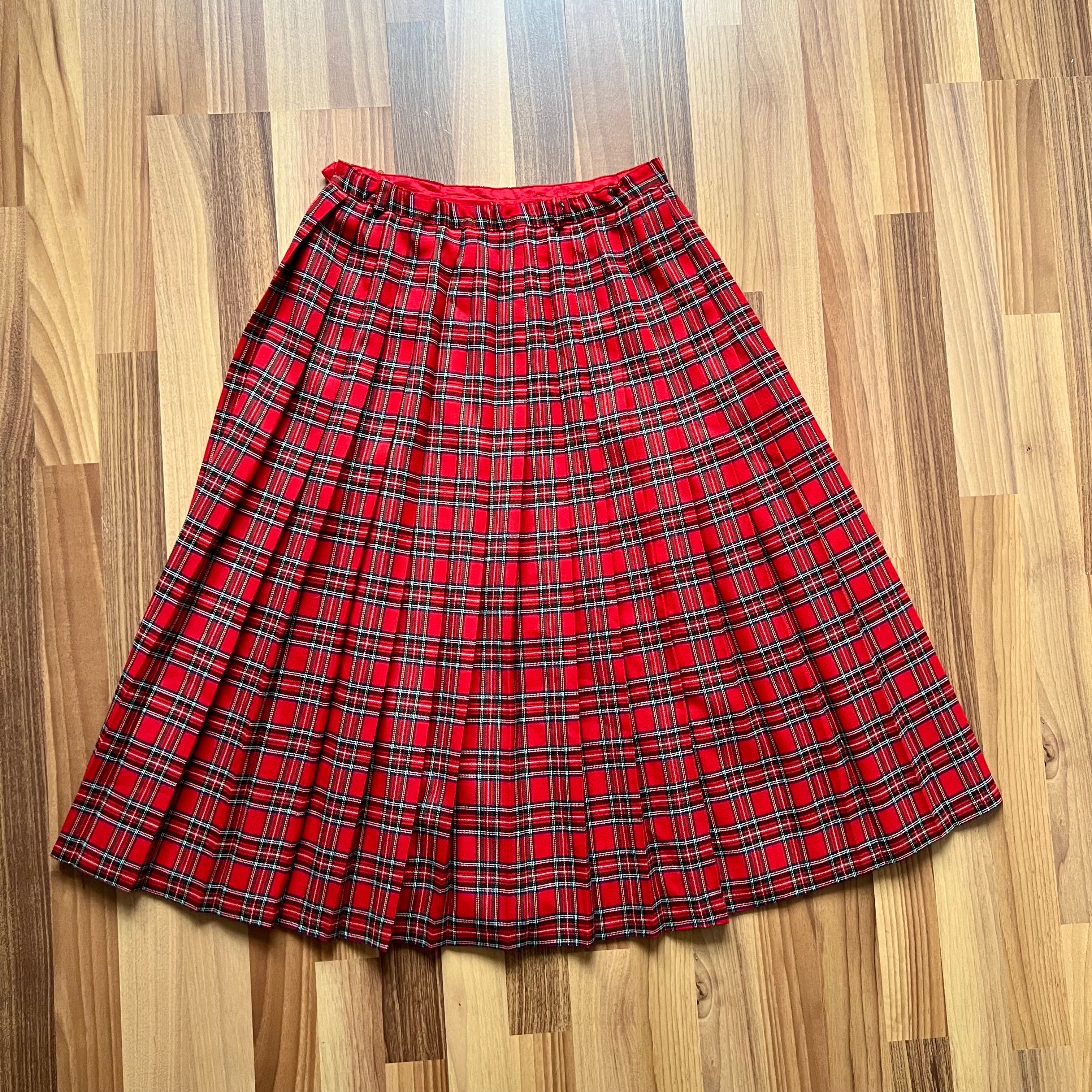1980s Red Plaid Pleated Midi Skirt High Waist Tartan Kilt Skirt Dark Academia Midi Skirt