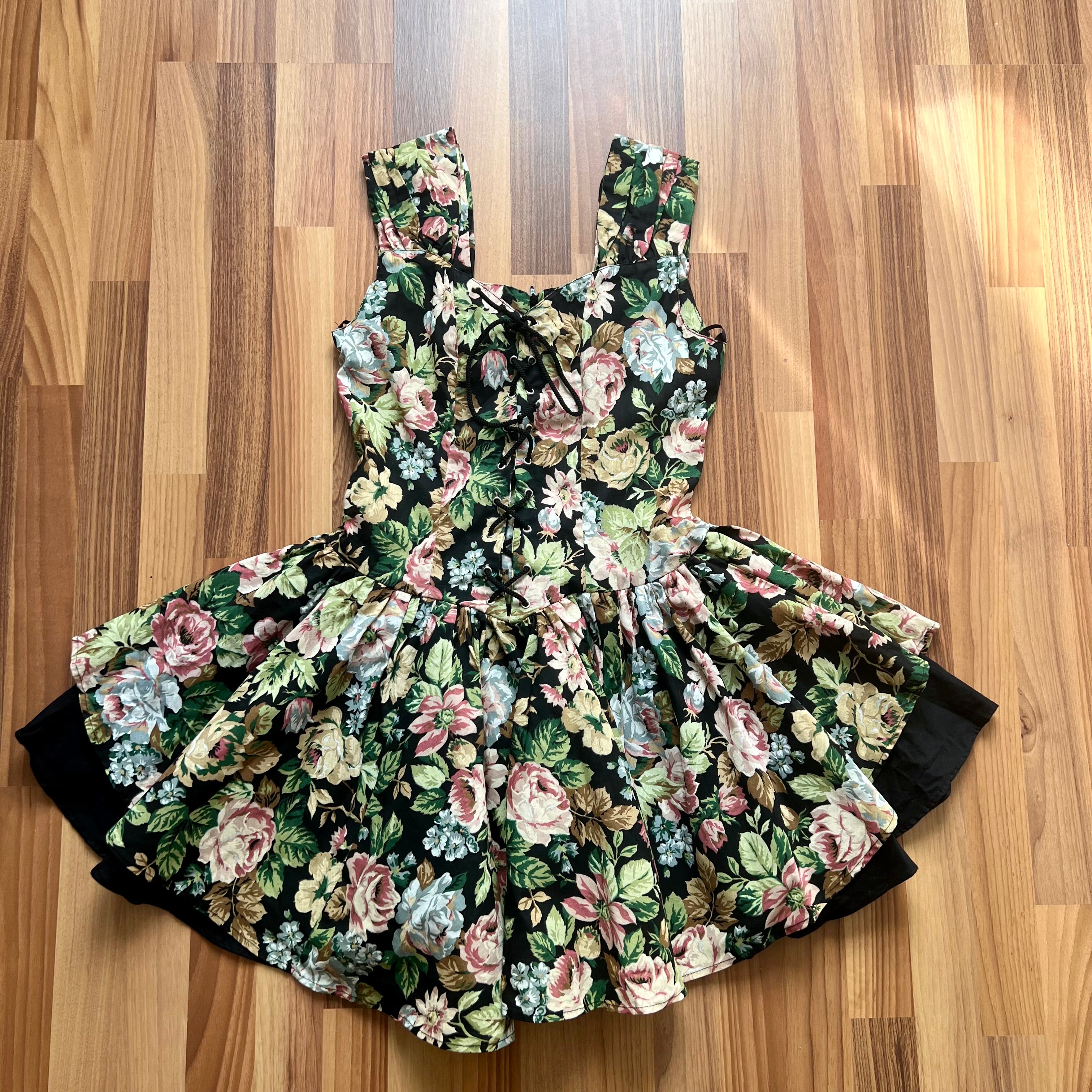 1980s Floral Corset Bustier Mini Dress-Lace Up Front Cotton Prairie Cottagecore Dress-