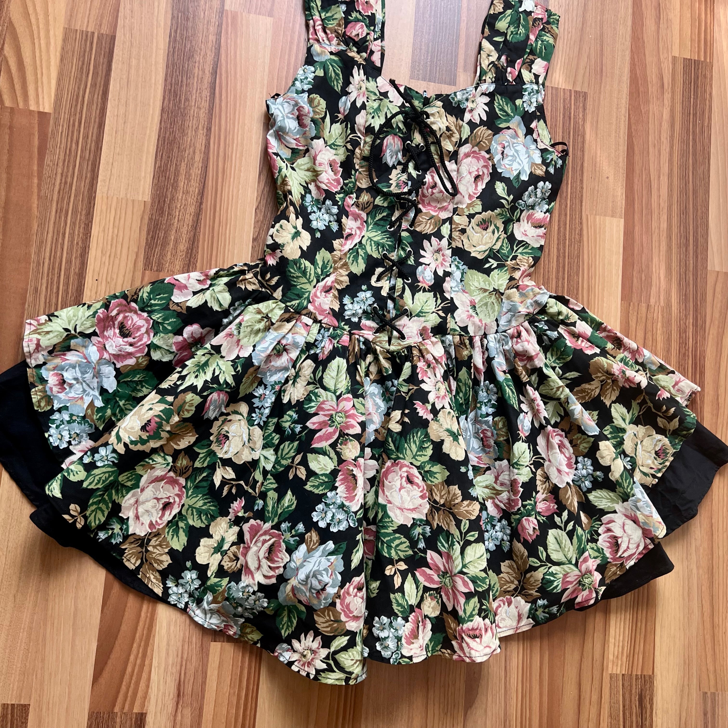 1980s Floral Lace Up Corset Mini Dress Romantic Cottagecore Milkmaid Party Dress EU 38