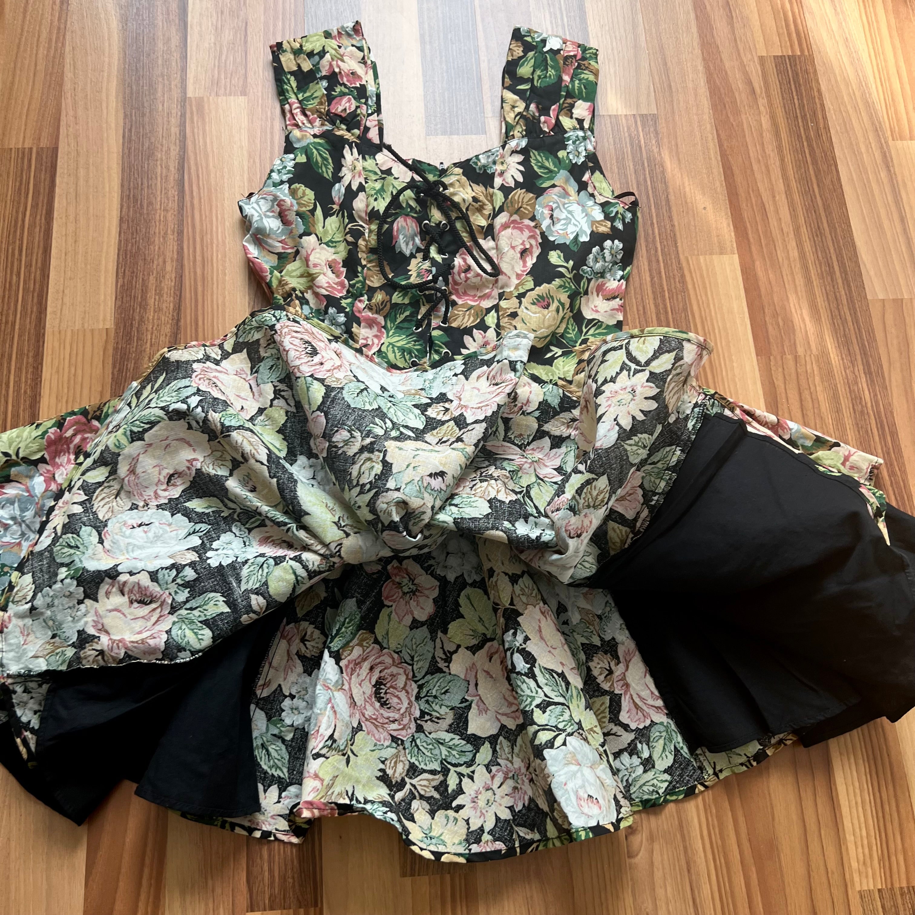 1980s Floral Lace Up Corset Mini Dress Romantic Cottagecore Milkmaid Party Dress EU 38