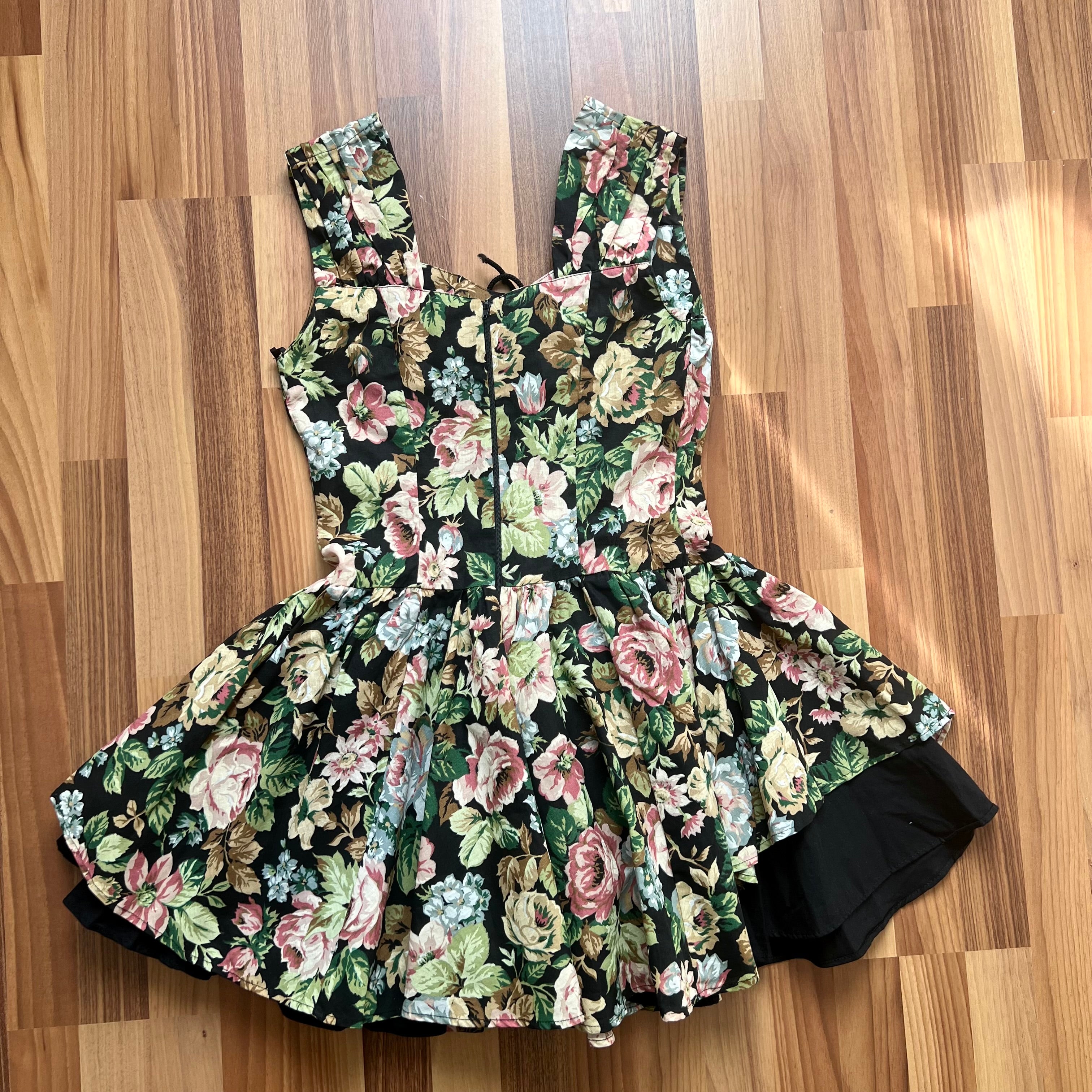 1980s Floral Lace Up Corset Mini Dress Romantic Cottagecore Milkmaid Party Dress EU 38