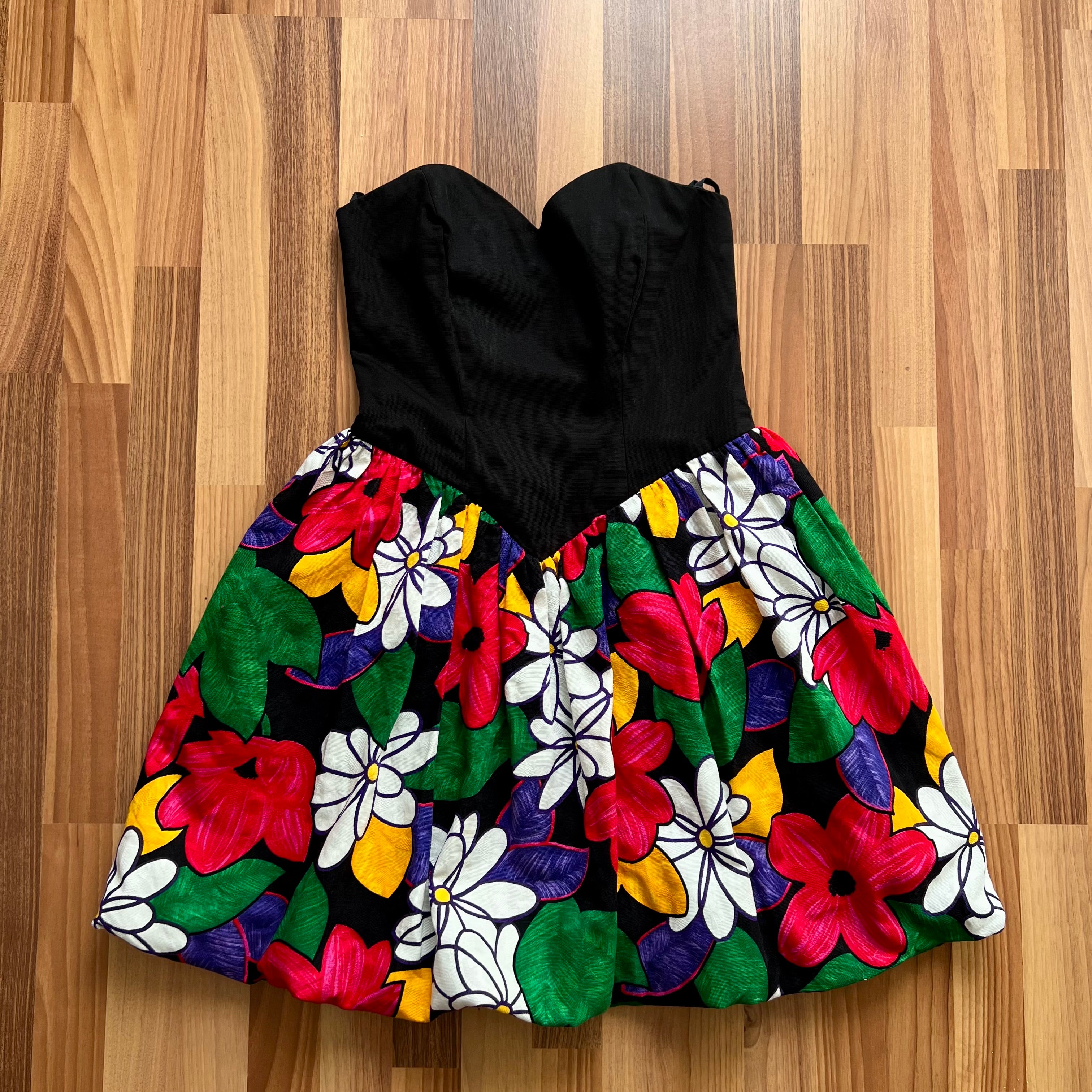 1980s Strapless Bubble Hem Dress-Floral Cotton Party Dress-West Germany Vintage Cocktail Dress