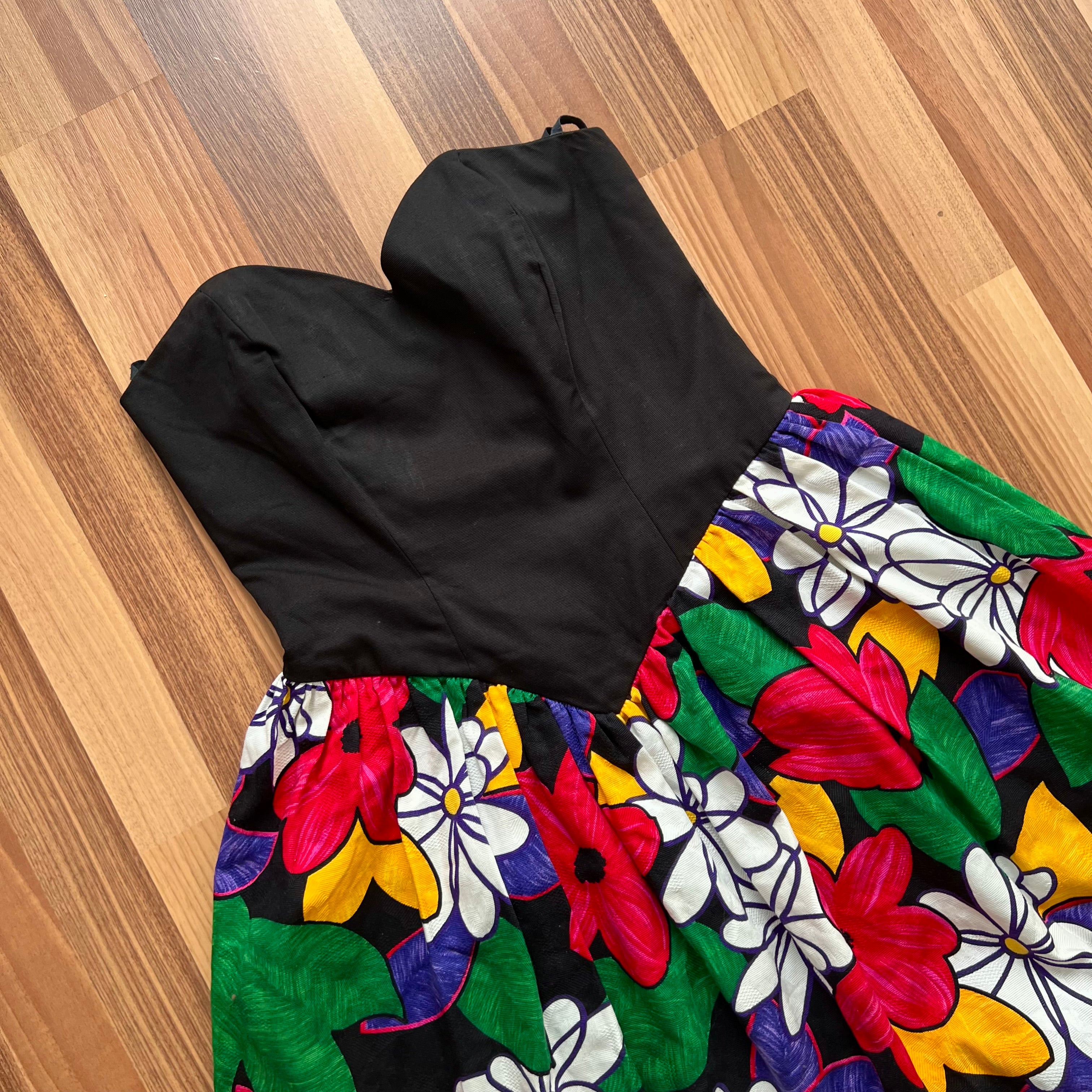 1980s Strapless Bubble Hem Dress Floral Cotton Cocktail Party Dress-West Germany Vintage