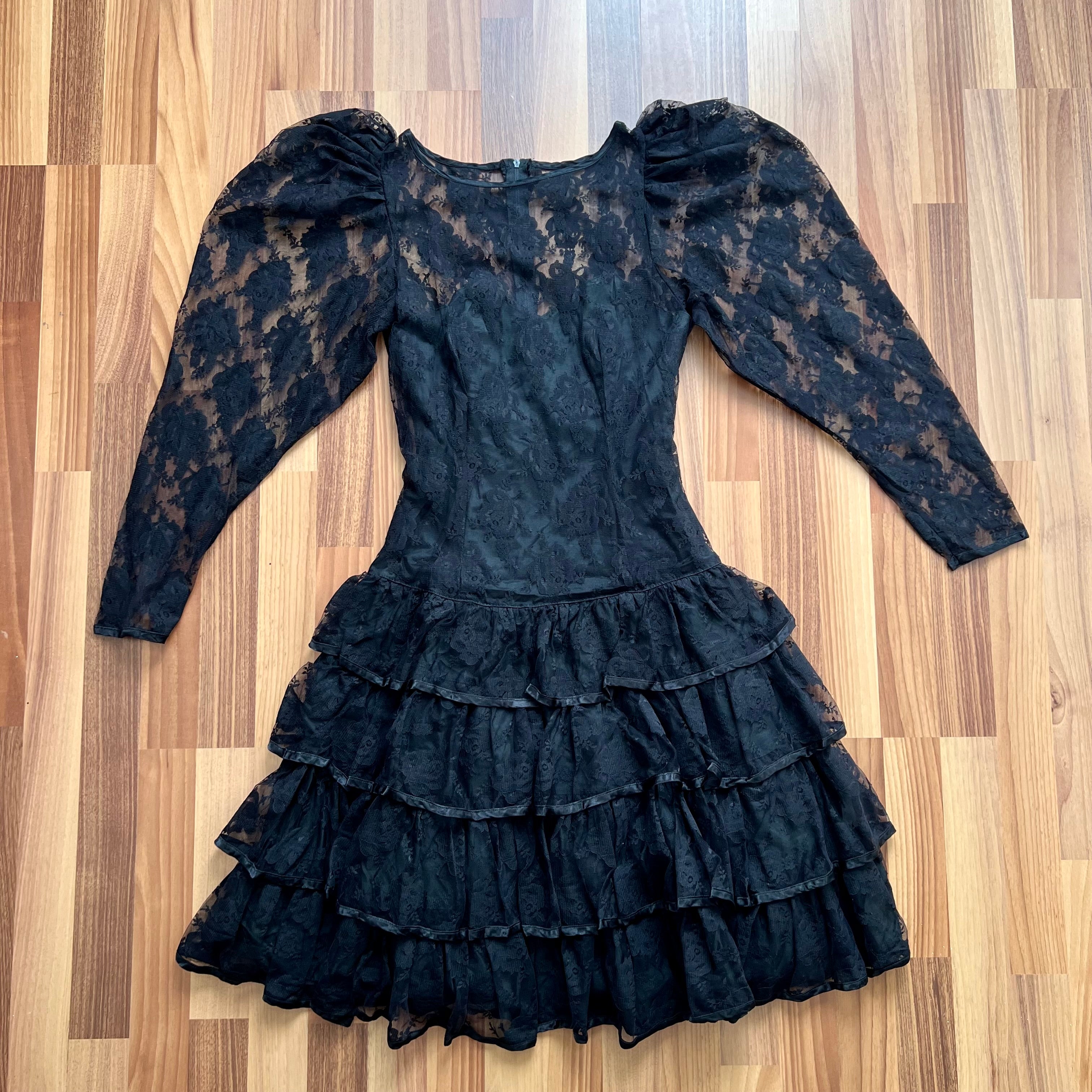 1980s Black Lace Party Dress Long Sleeves Whimsygoth Tiered  Ruffle Cocktail Dress
