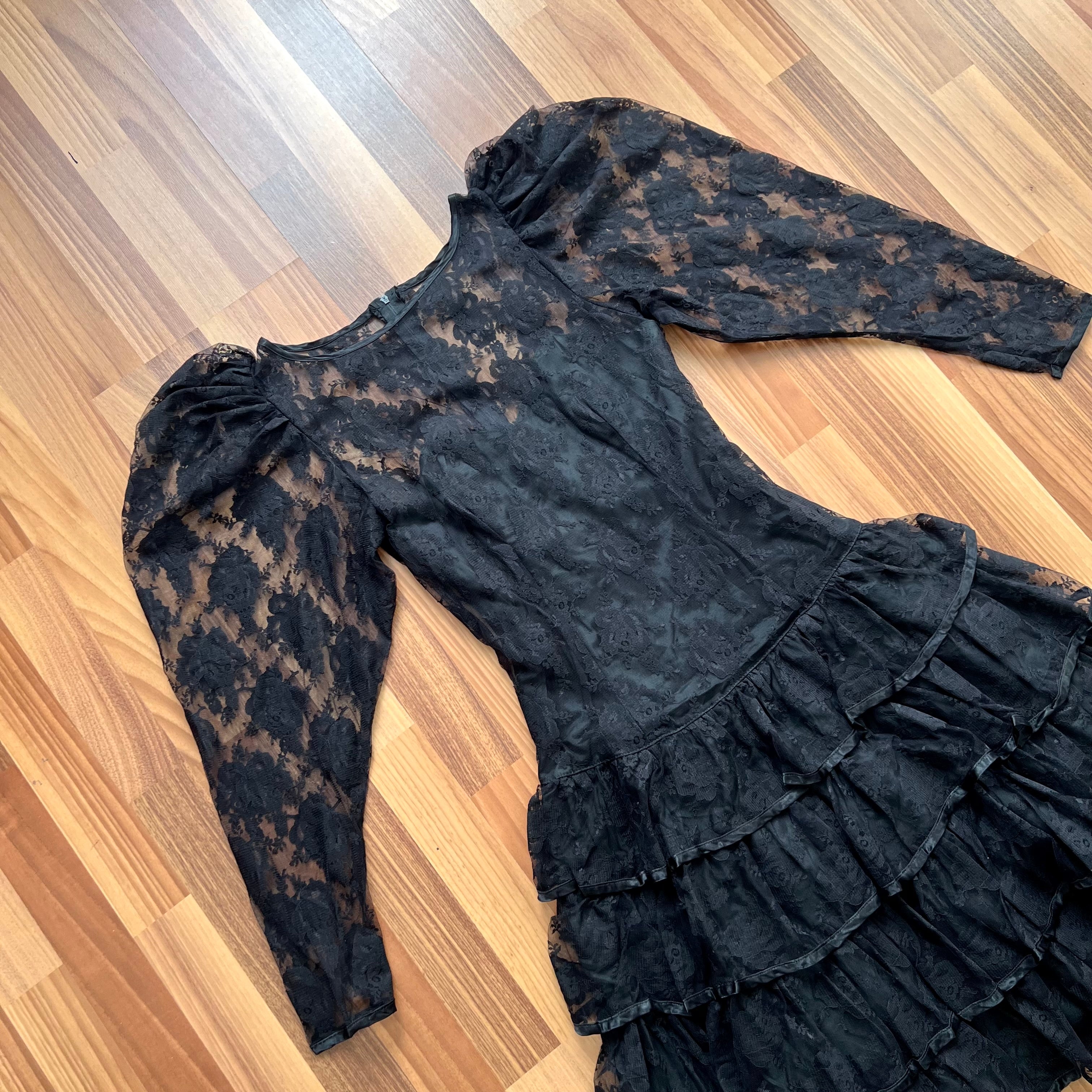 1980s Black Lace Party Dress Long Sleeves Whimsygoth Tiered  Ruffle Cocktail Dress