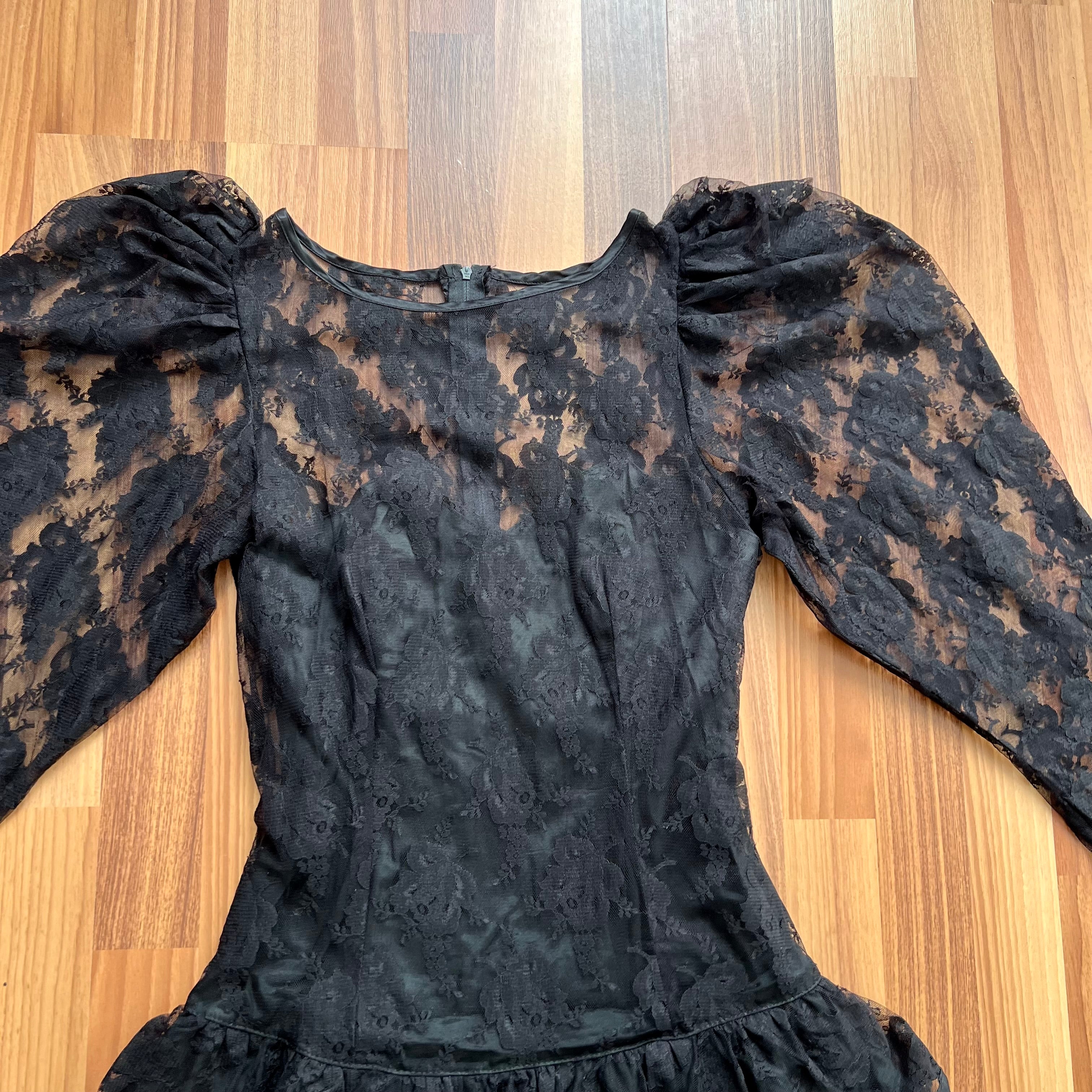 1980s Black Lace Party Dress Long Sleeves Whimsygoth Tiered  Ruffle Cocktail Dress