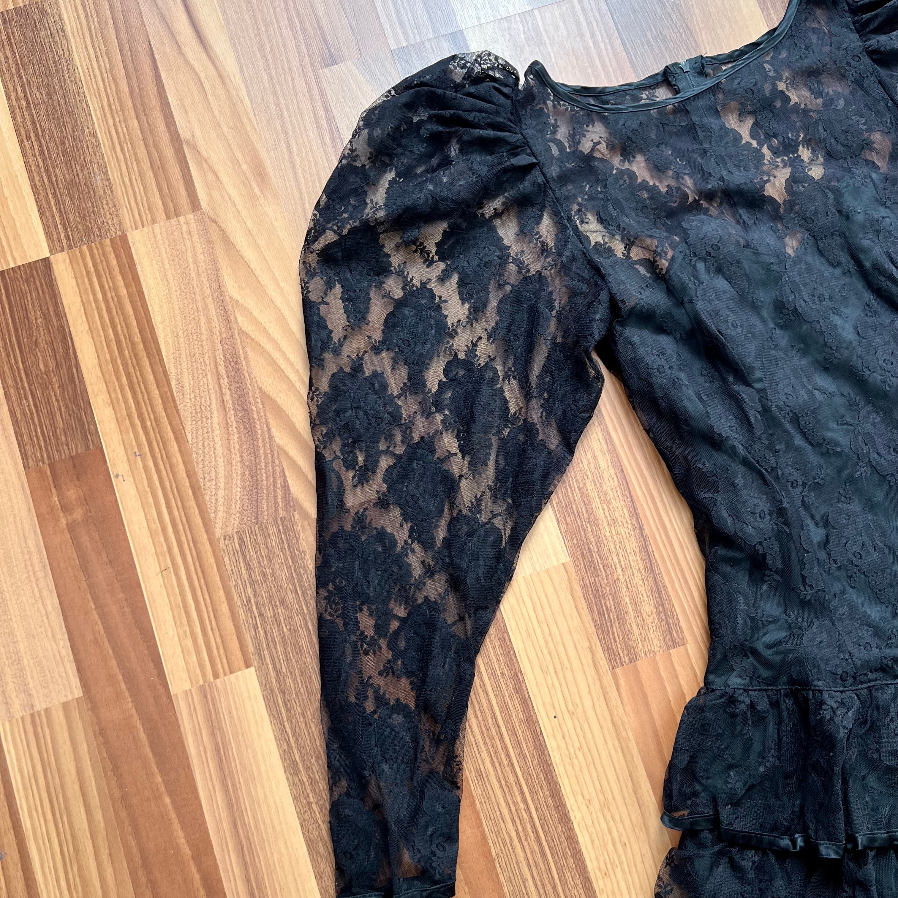 1980s Black Lace Party Dress Long Sleeves Whimsygoth Tiered  Ruffle Cocktail Dress