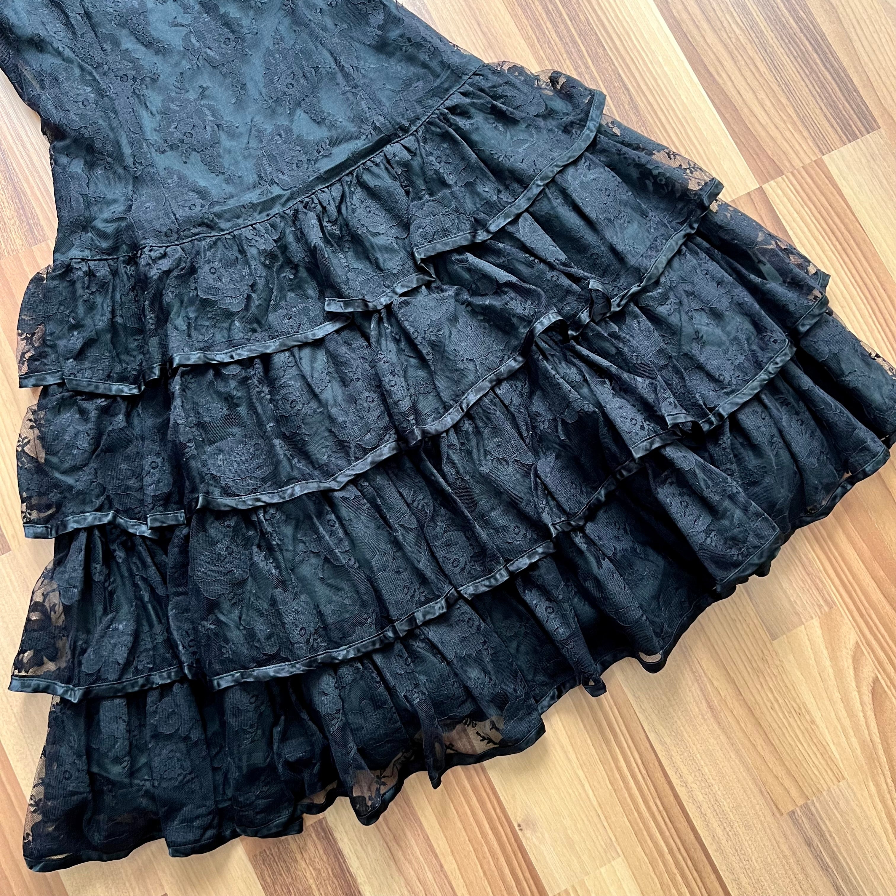 1980s Black Lace Party Dress Long Sleeves Whimsygoth Tiered  Ruffle Cocktail Dress