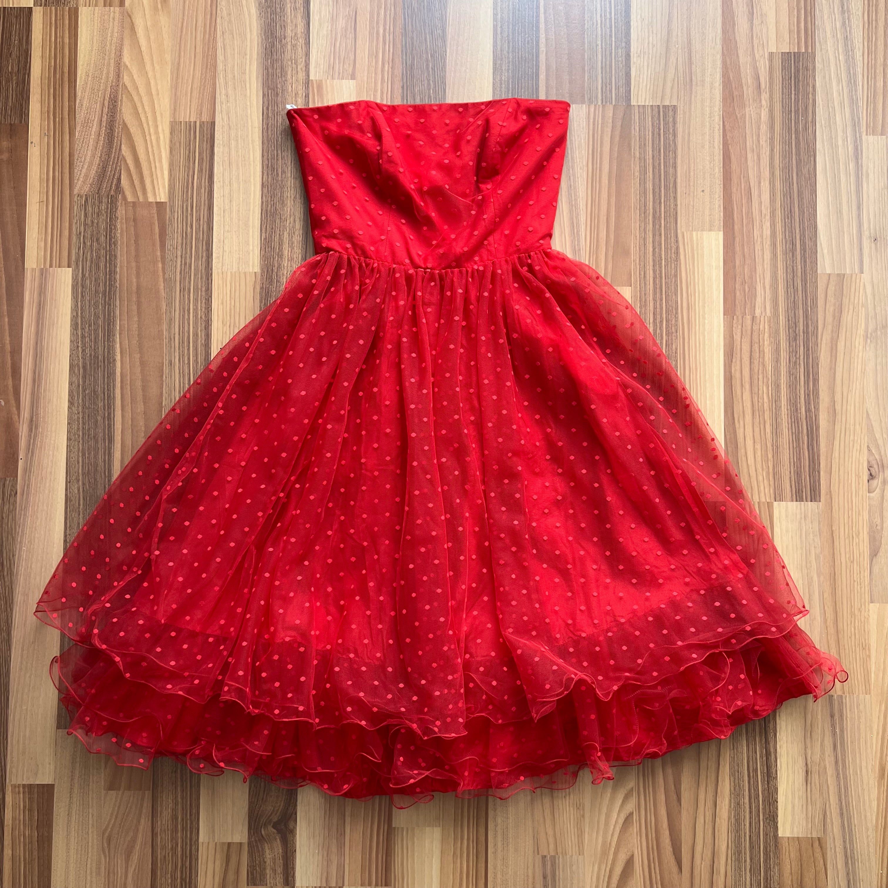 1980s Vera Mont Red Tulle Dress-Vintage Strapless Prom Party Dress-Retro Tiered Ruffle Cocktail 