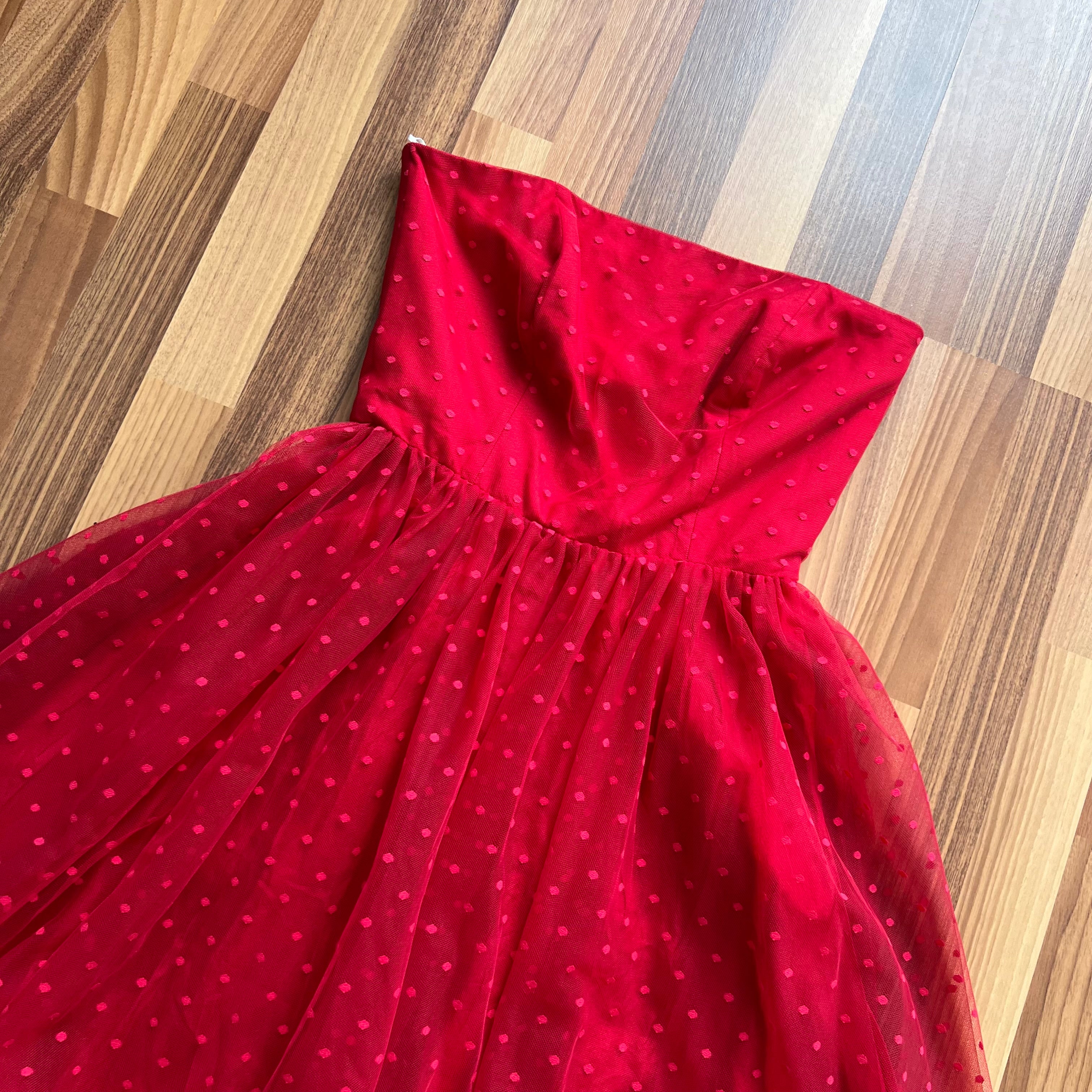 1980s Vera Mont Red Tulle Dress-Vintage Strapless Prom Party Dress-Retro Tiered Ruffle