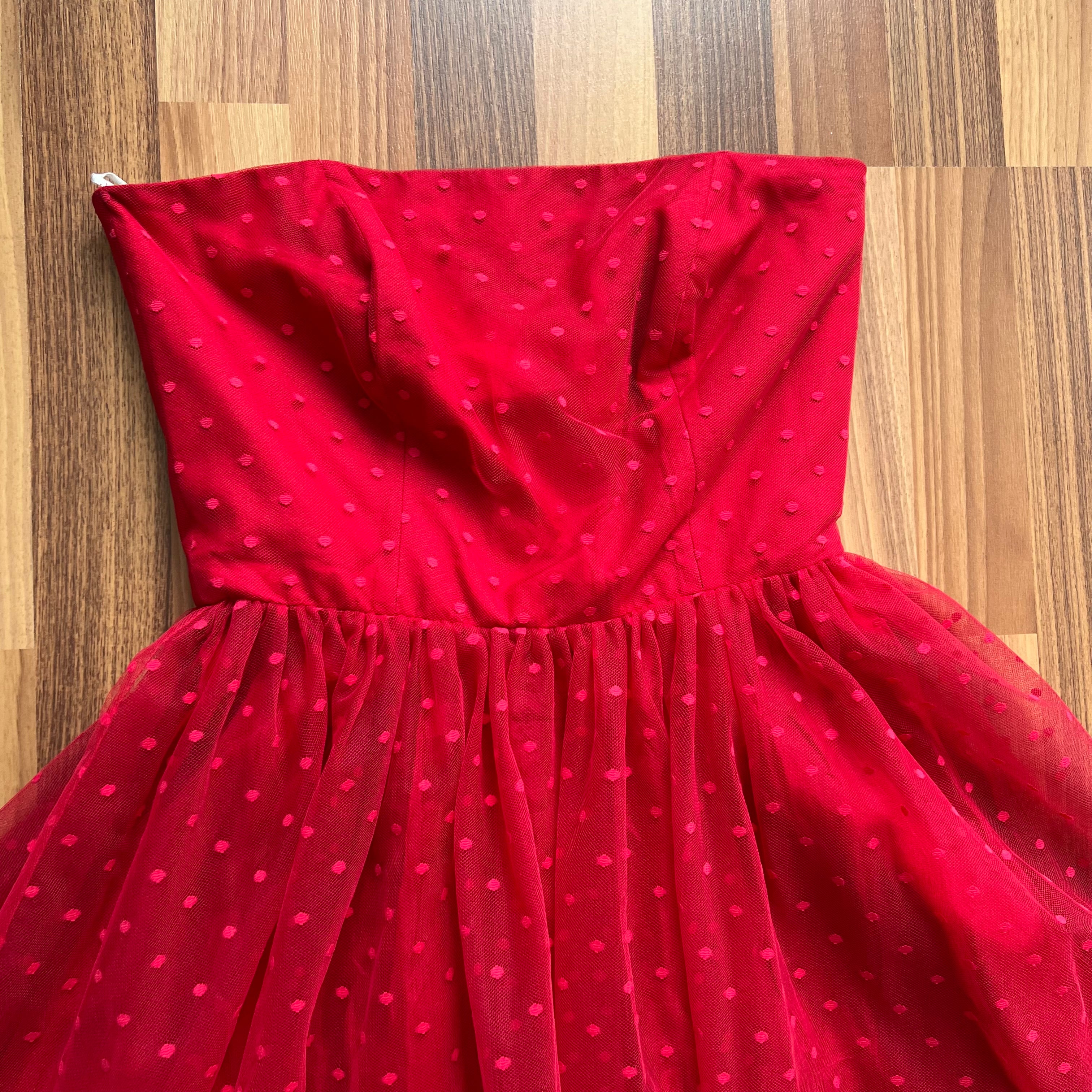 1980s Vera Mont Red Tulle Dress-Vintage Strapless Prom Party Dress-Retro Tiered Ruffle