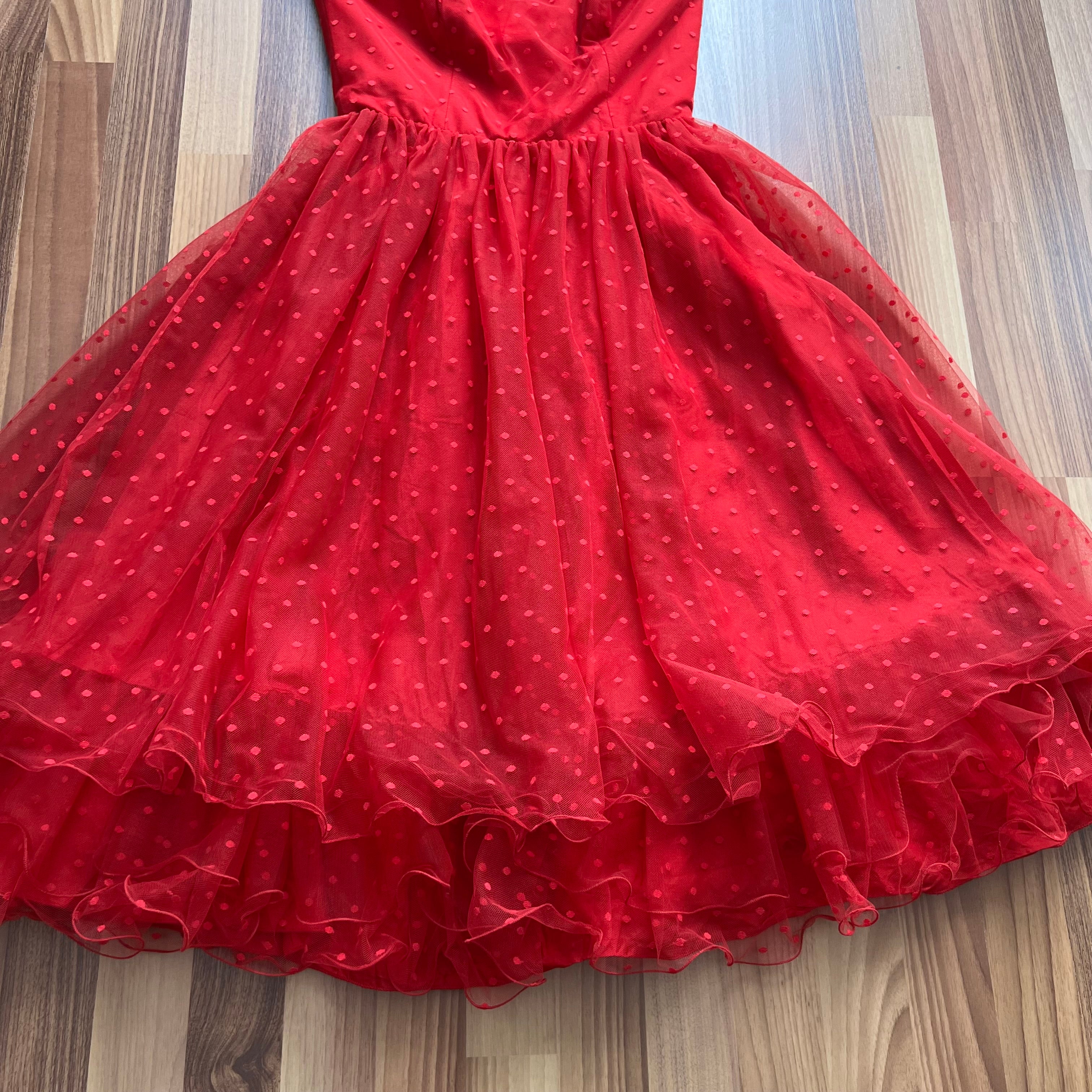 1980s Vera Mont Red Tulle Dress-Vintage Strapless Prom Party Dress-Retro Tiered Ruffle