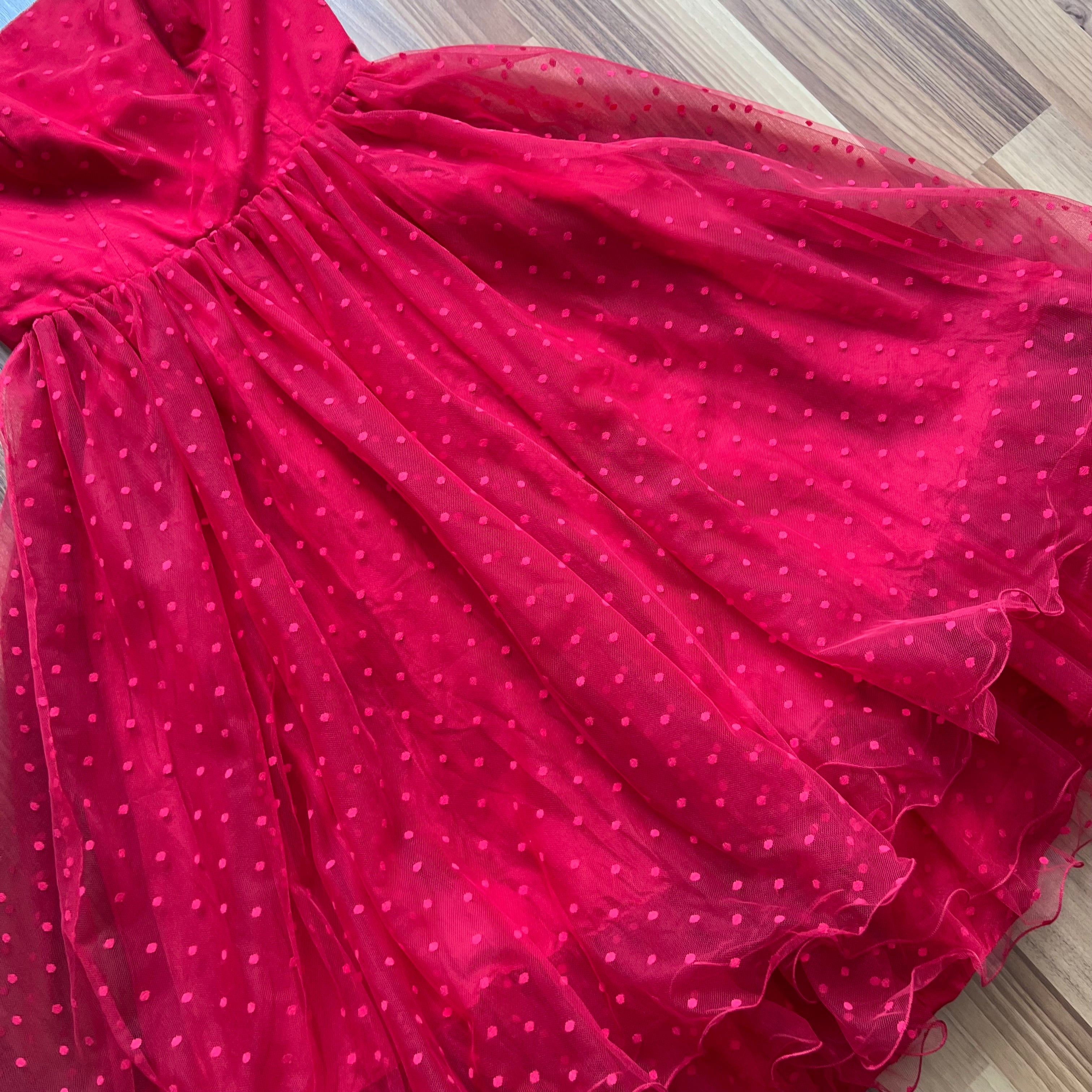 1980s Vera Mont Red Tulle Dress-Vintage Strapless Prom Party Dress-Retro Tiered Ruffle