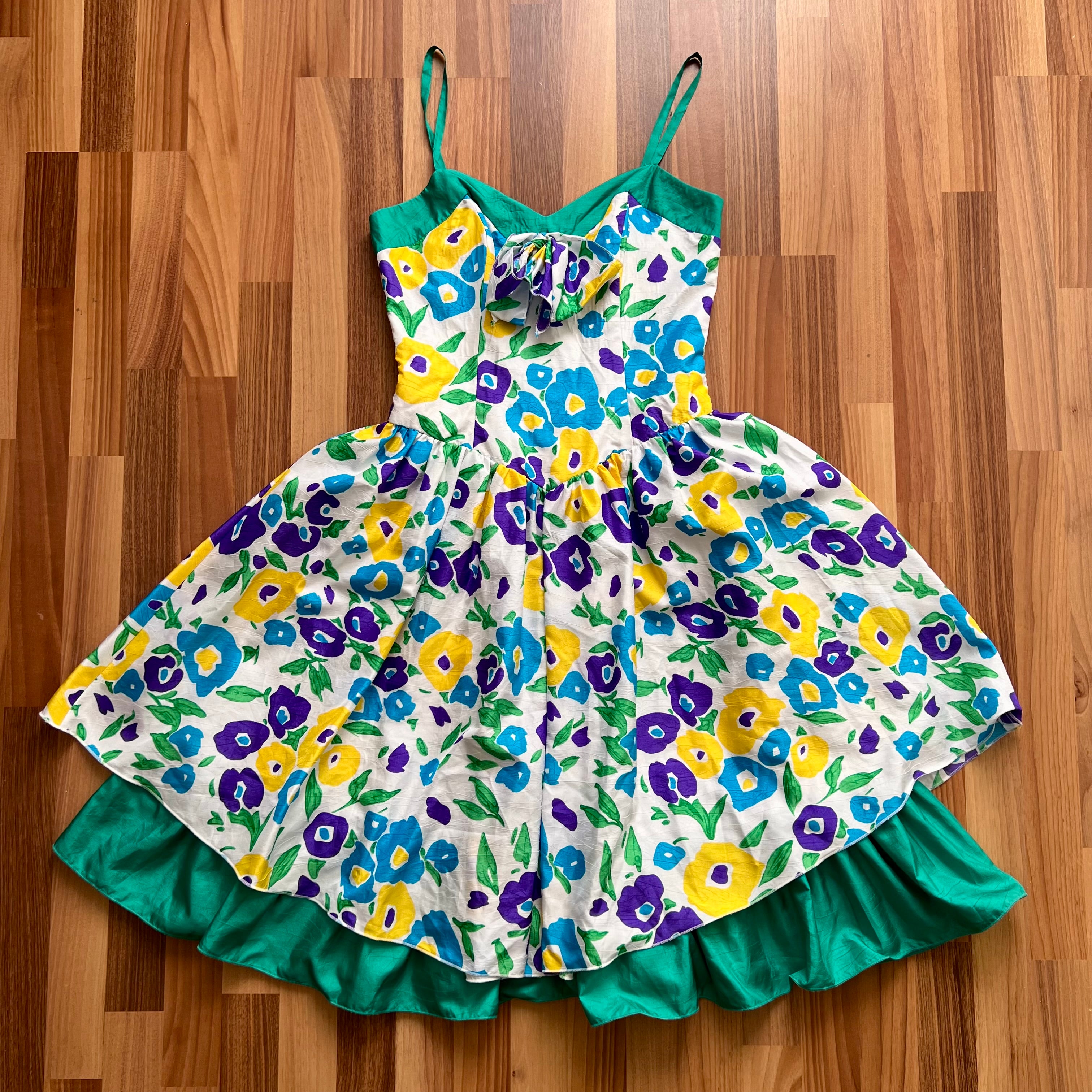 1980s Vera Mont Floral Party Dress-Spaghetti Straps Cocktail Dress-Retro Tiered Ruffle Hem Sundress