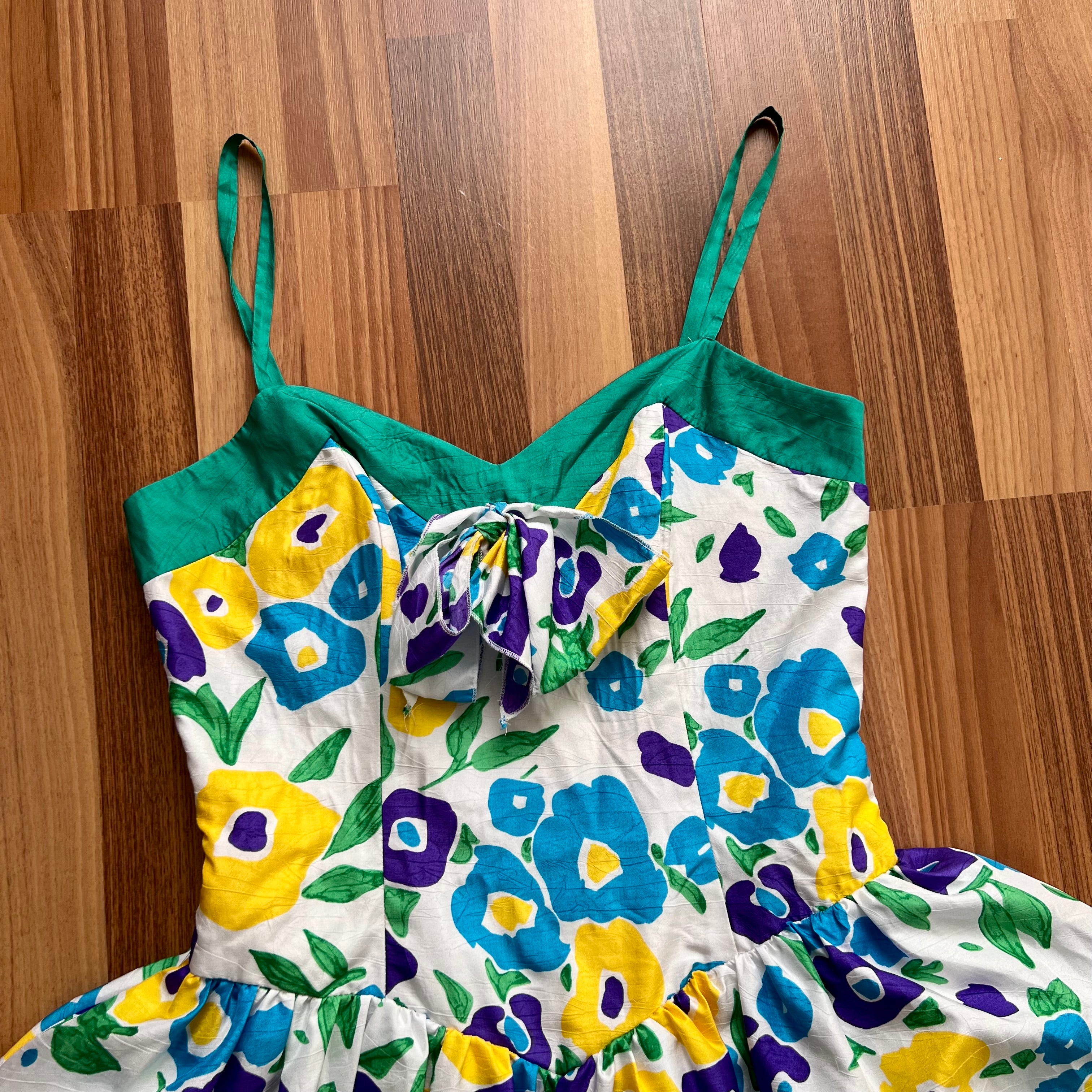 1980s Vera Mont Floral Party Dress-Spaghetti Straps Cocktail Dress-Retro Tiered Ruffle Hem Sundress