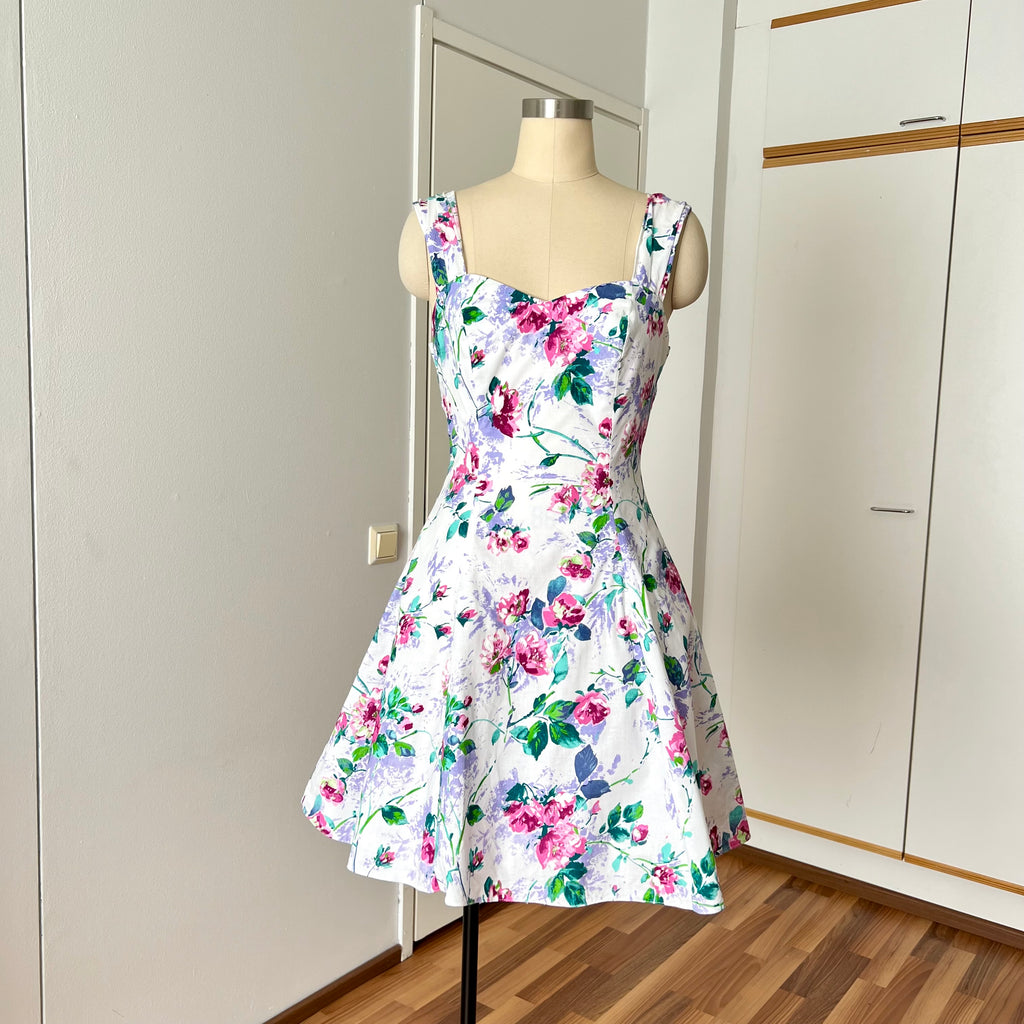 1990s STEPPIN' OUT Cotton Floral Dress-Tie Back Floral Swing Dress-Rockabilly Mini Summer Dress-