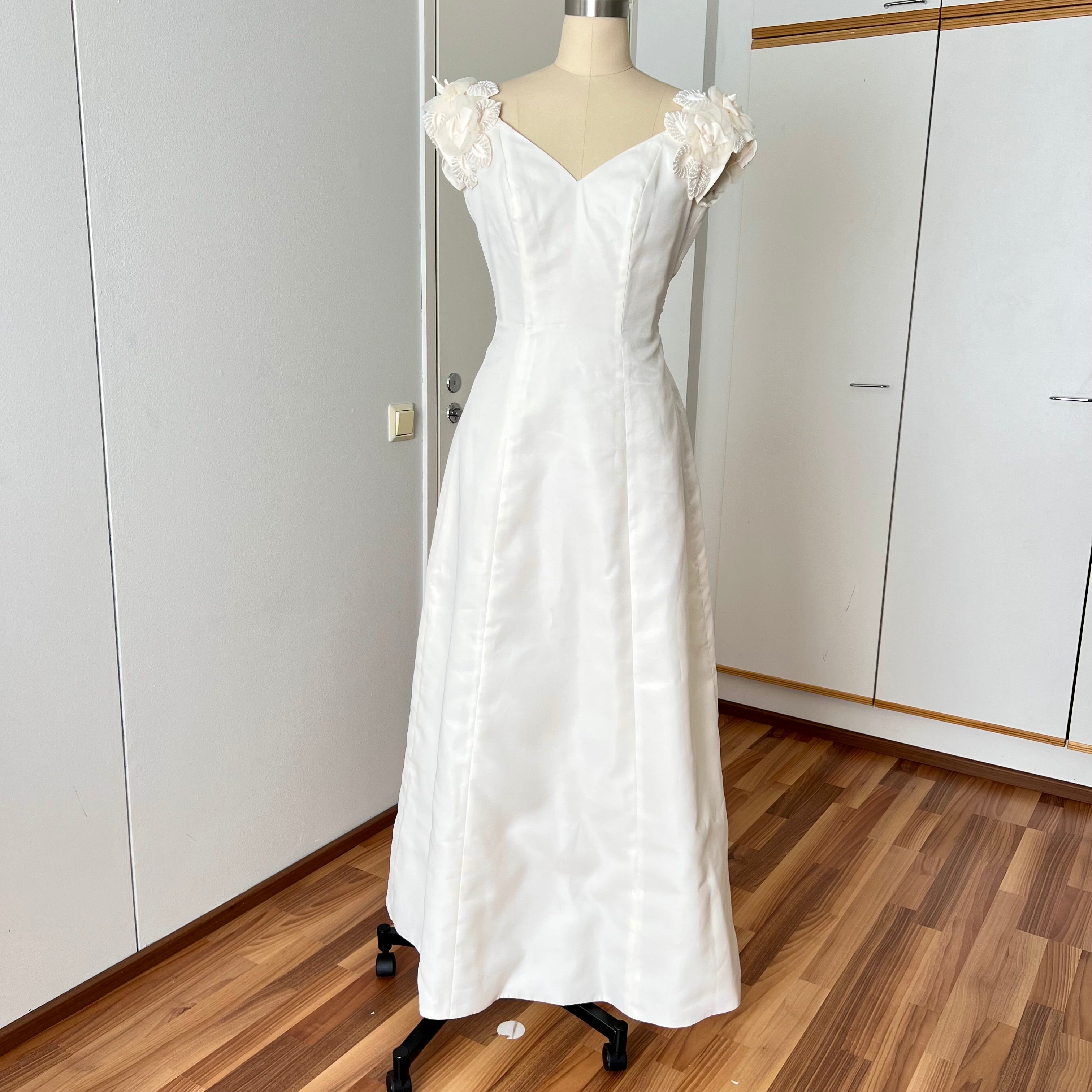 1990s MON CHERI Vintage Wedding Dress-Minimalist Bridal Gown-Low Back Satin Aline Wedding Gown