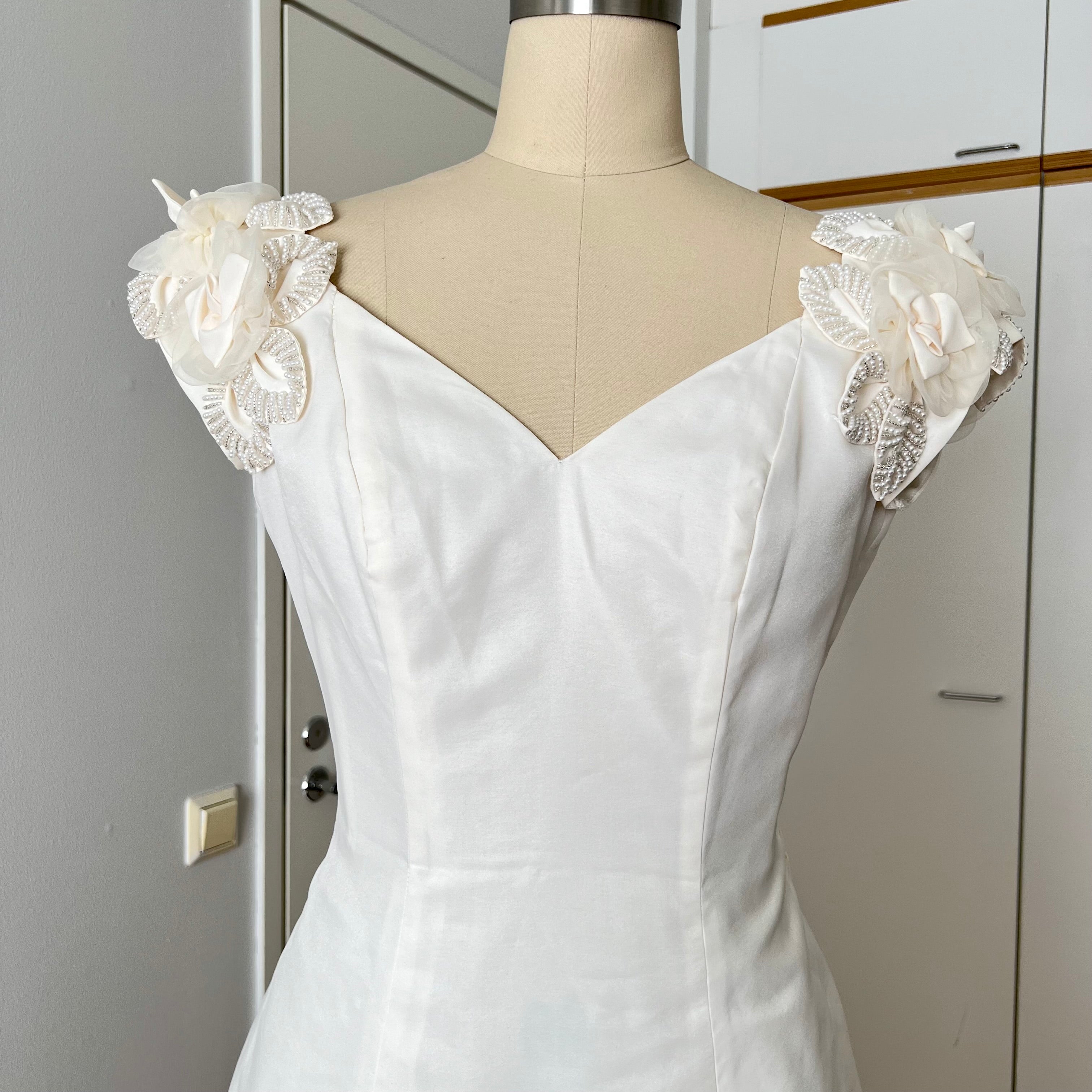 1990s MON CHERI Vintage Wedding Dress-Minimalist Bridal Gown-Low Back Satin Aline Wedding Gown