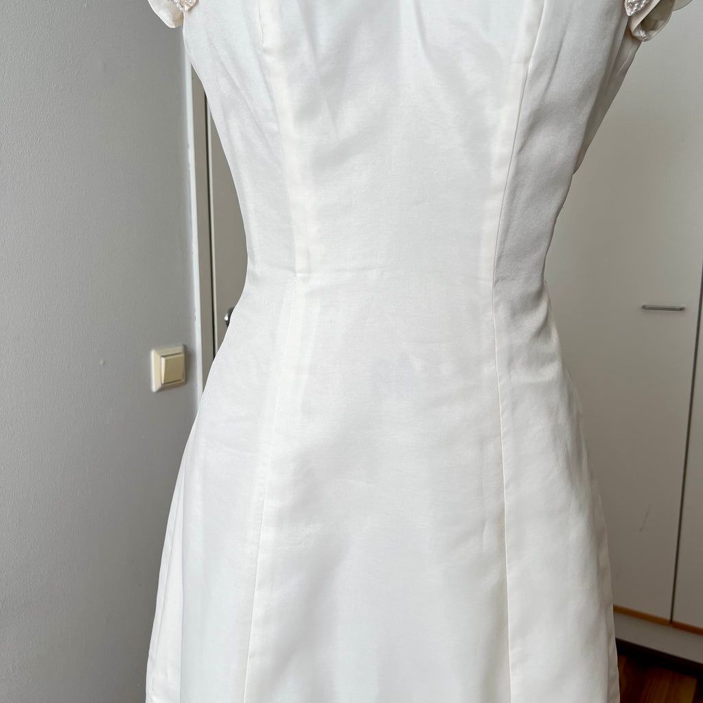 1990s MON CHERI Vintage Wedding Dress-Minimalist Bridal Gown-Low Back Satin Aline Wedding Gown