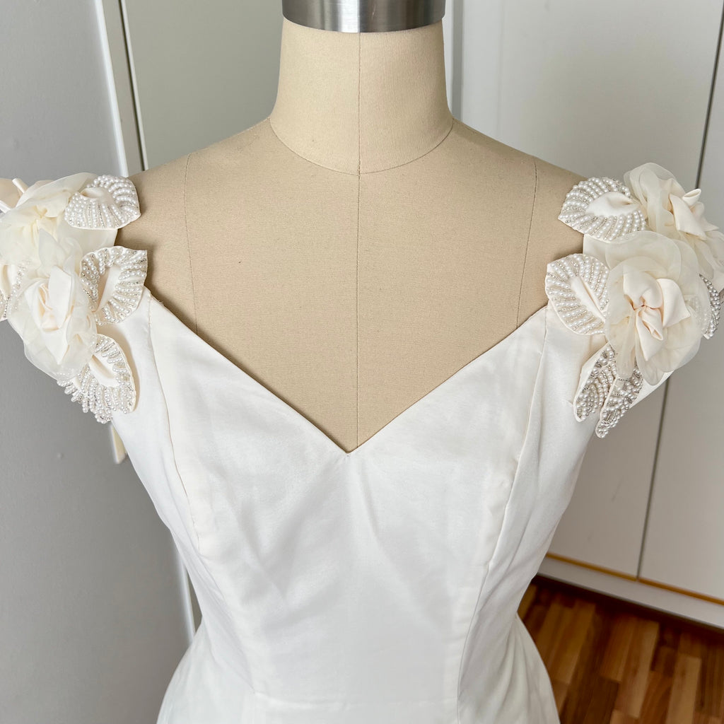 1990s MON CHERI Vintage Wedding Dress-Minimalist Bridal Gown-Low Back Satin Aline Wedding Gown